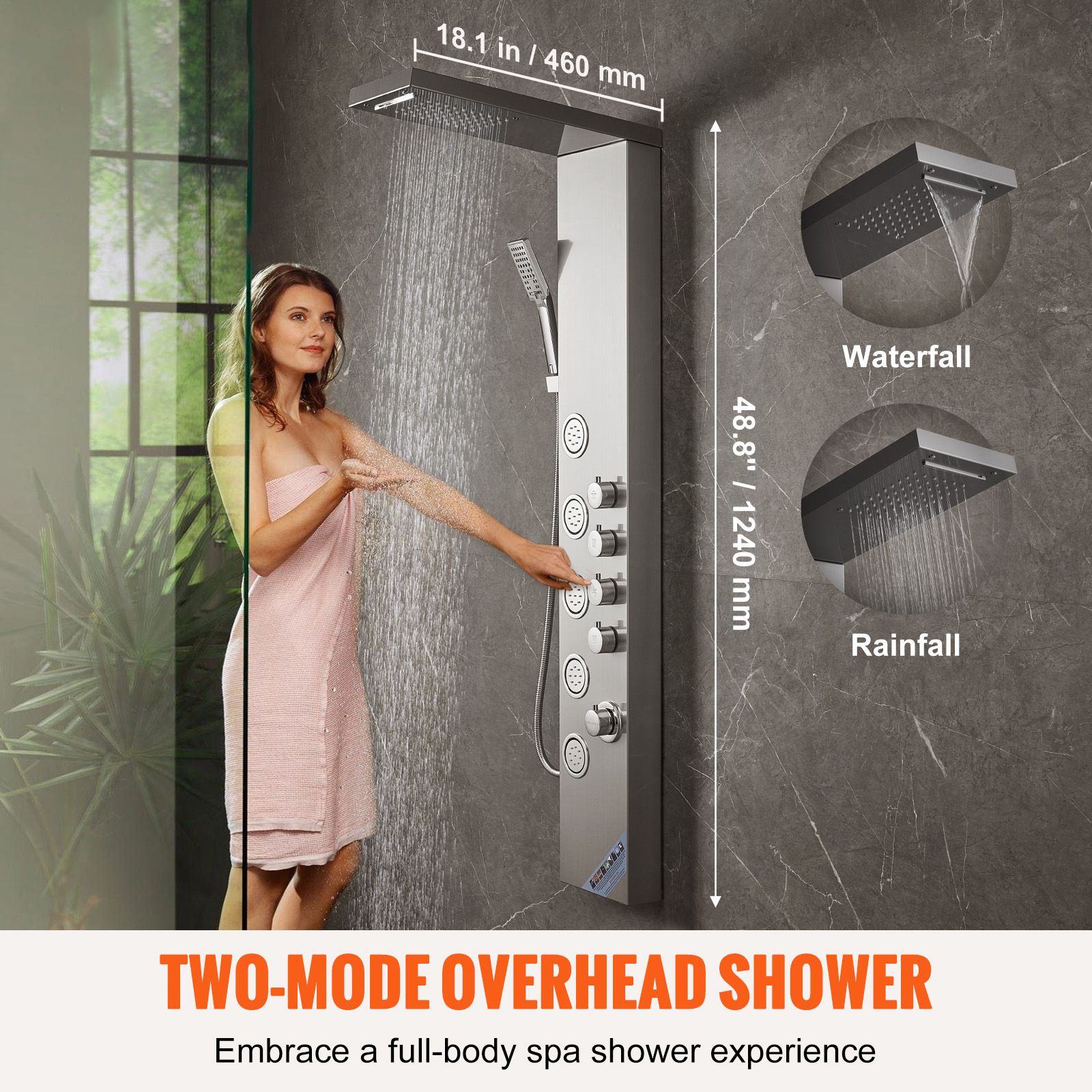 Shower Panel System, 4 Shower Modes Shower Panel Tower, Rainfall, Waterfall, 5 Full Body Massage Jets and 3-Setting Handheld Shower Head with 59" Hose — image 2