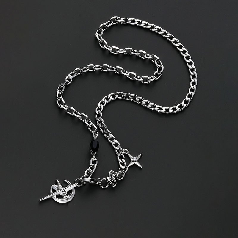 Silver Hip-hop style titanium steel black gemstone spliced star cross necklace, unisex trendy streetwear design collarbone chain — image 2