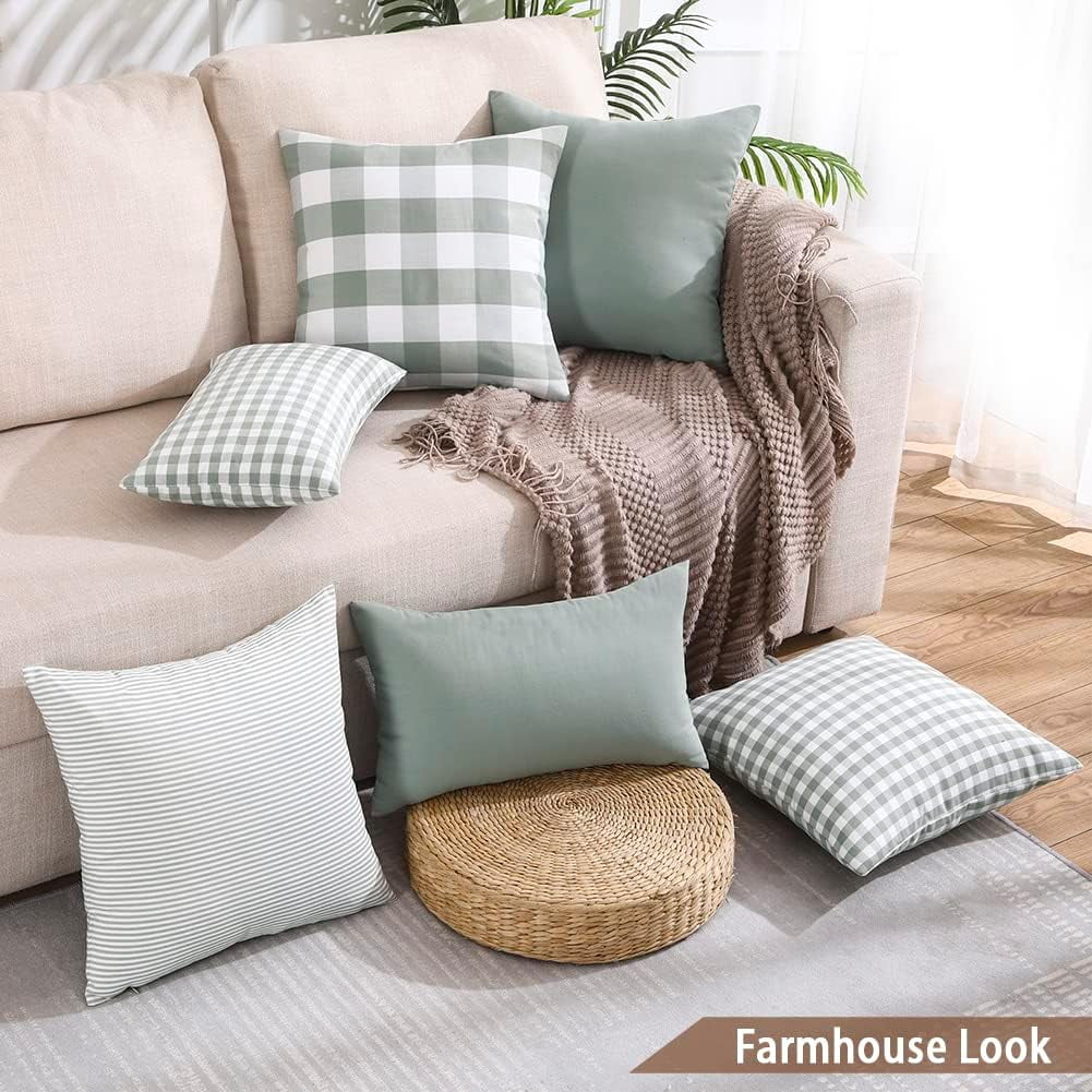 Light Blue Farmhouse Buffalo Plaid Pillow Covers 18x18 Set of 2 Patio Outdoor Decor Neutral Checkered Pillow Covers 18 x 18, Blue and White Gingham Pinstripe โ image 4