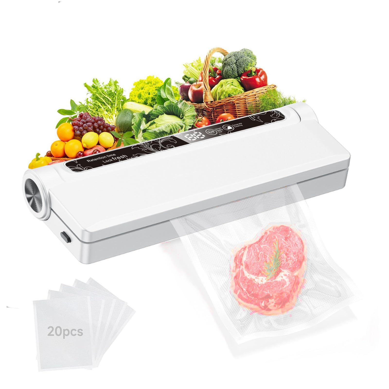 Food Vacuum Sealer Machine, 60KPA Strong Suction, Dry/Wet Modes, 20 Vacuum Seal Bags for Food, Digital Countdown Timer, Compact Lightweight, Ideal for Home