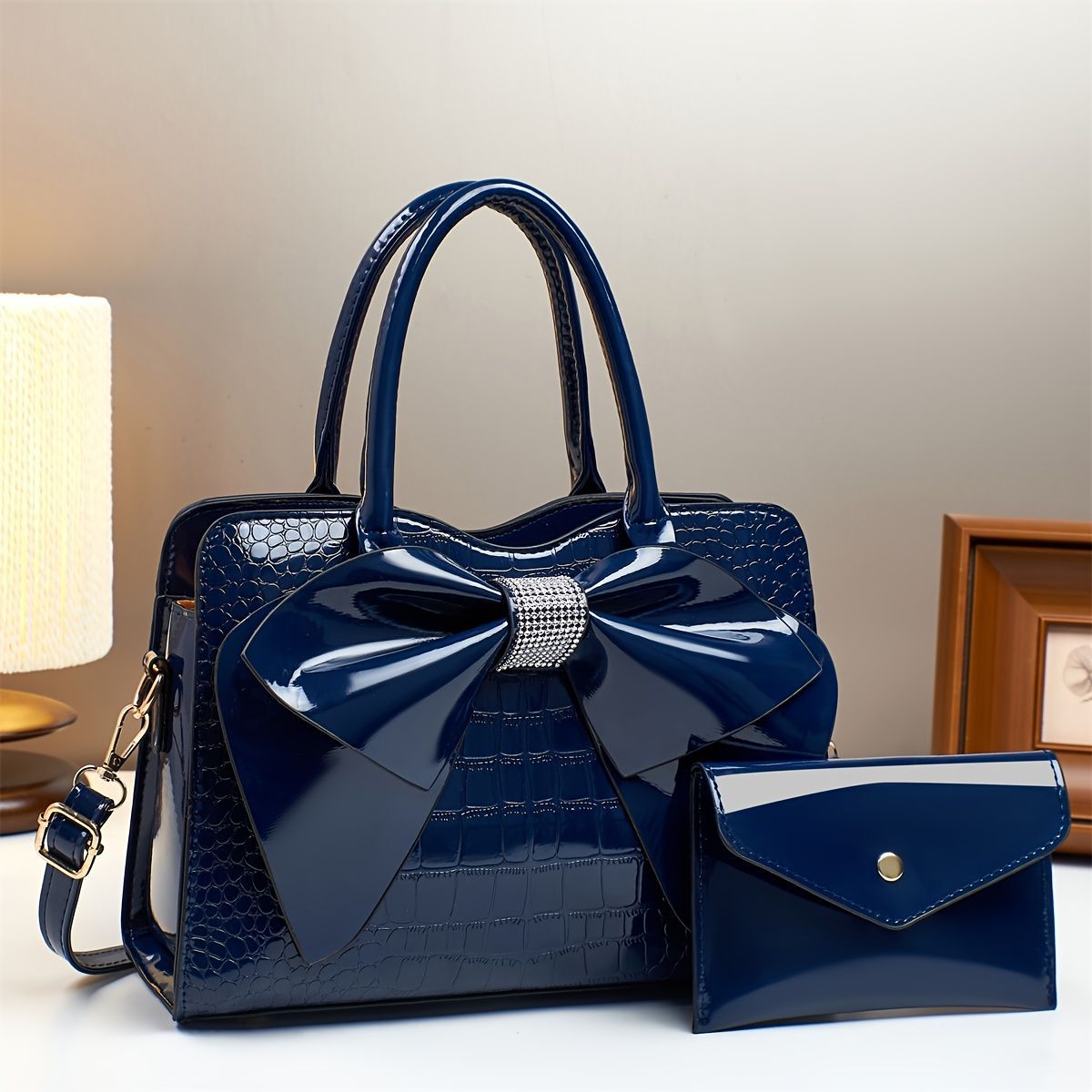 White Ladies Handbag Bow Embellished Handbag With Small Purse Crocodile - Pink - Size 29-12-21 — image 5