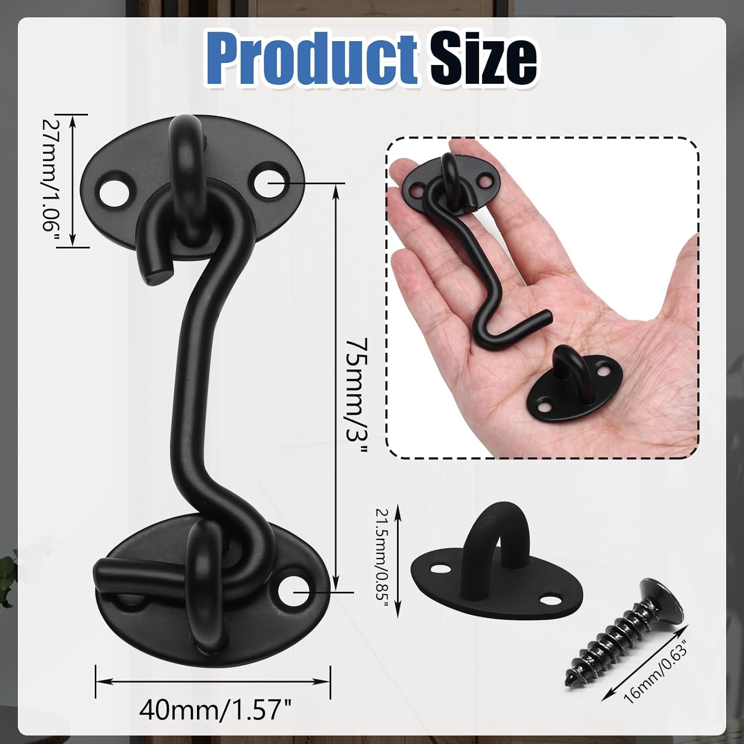 Biaungdo Heavy Duty Hook and Eye Latch, 3 Inch Black Privacy Hook Barn Door Lock Easy Lock, Stainless Steel Gate Latch for โ image 2