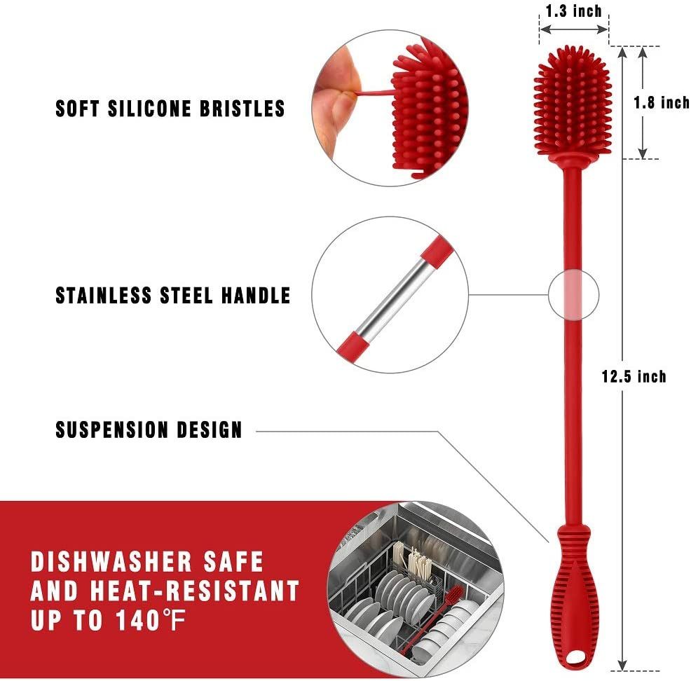 Silicone Bottle Cleaning Brush with Long Handle,Sports Bottle, Vase, Glassware, Perfect for Smaller Diameter Bottle Openings (Red) — image 3