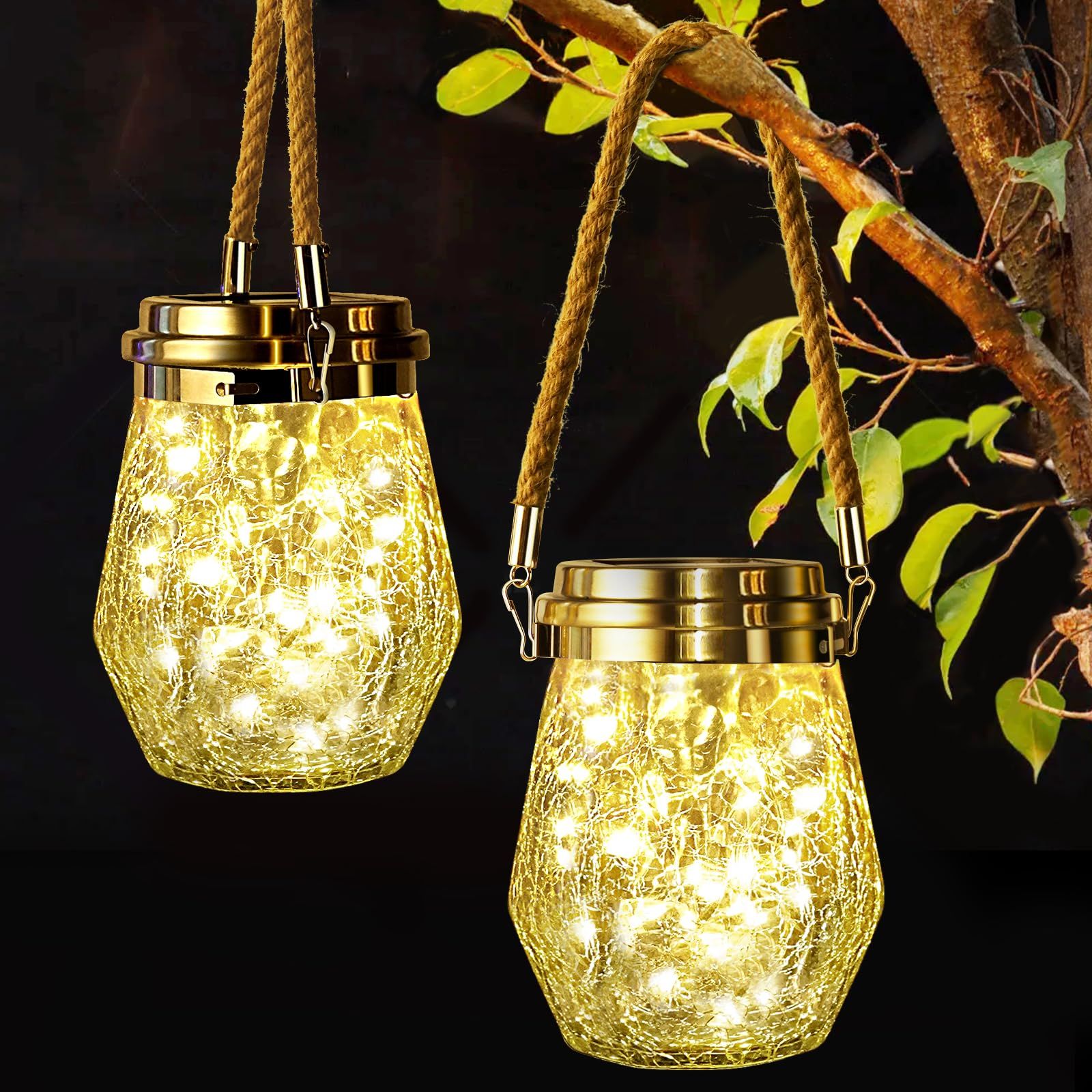 Solar Lantern Outdoor, 2 Pack Hanging Solar Lights Outdoor Waterproof, Upgraded 60 LED Lanterns Decorative, Warm White