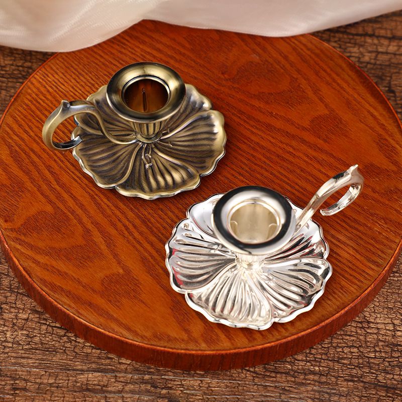 Gold European Vintage Handheld Chamberstick with Finger Loop - Minimalist Metal Candlestick Tray for Weddings, Festivals & Tables Decor — image 3