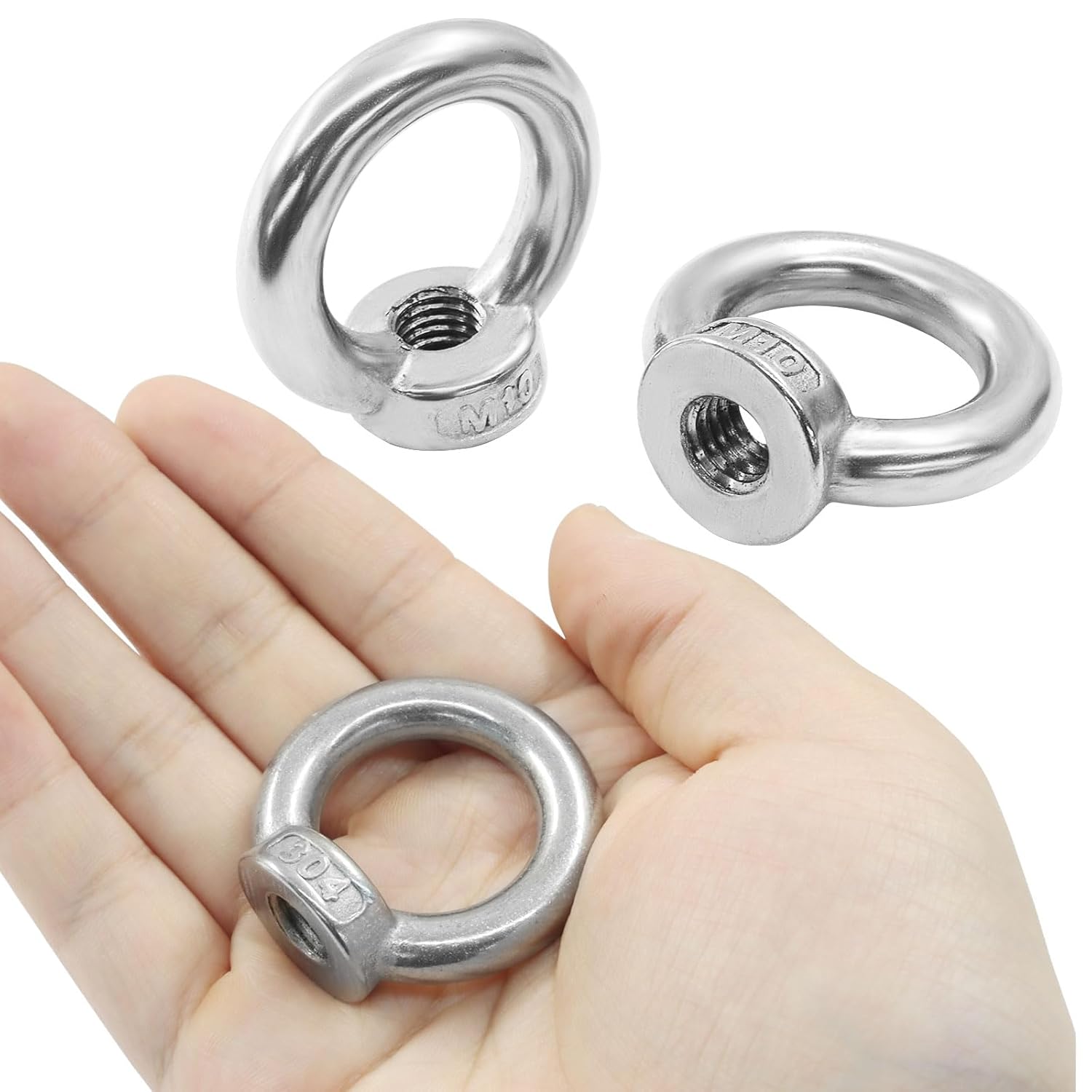 6 Pcs M10 304 Stainless Steel Lifting Eye Nut, 3/8" Metric Ring Shape Nut Threaded Fastener for Boating/Industrial Use — image 5