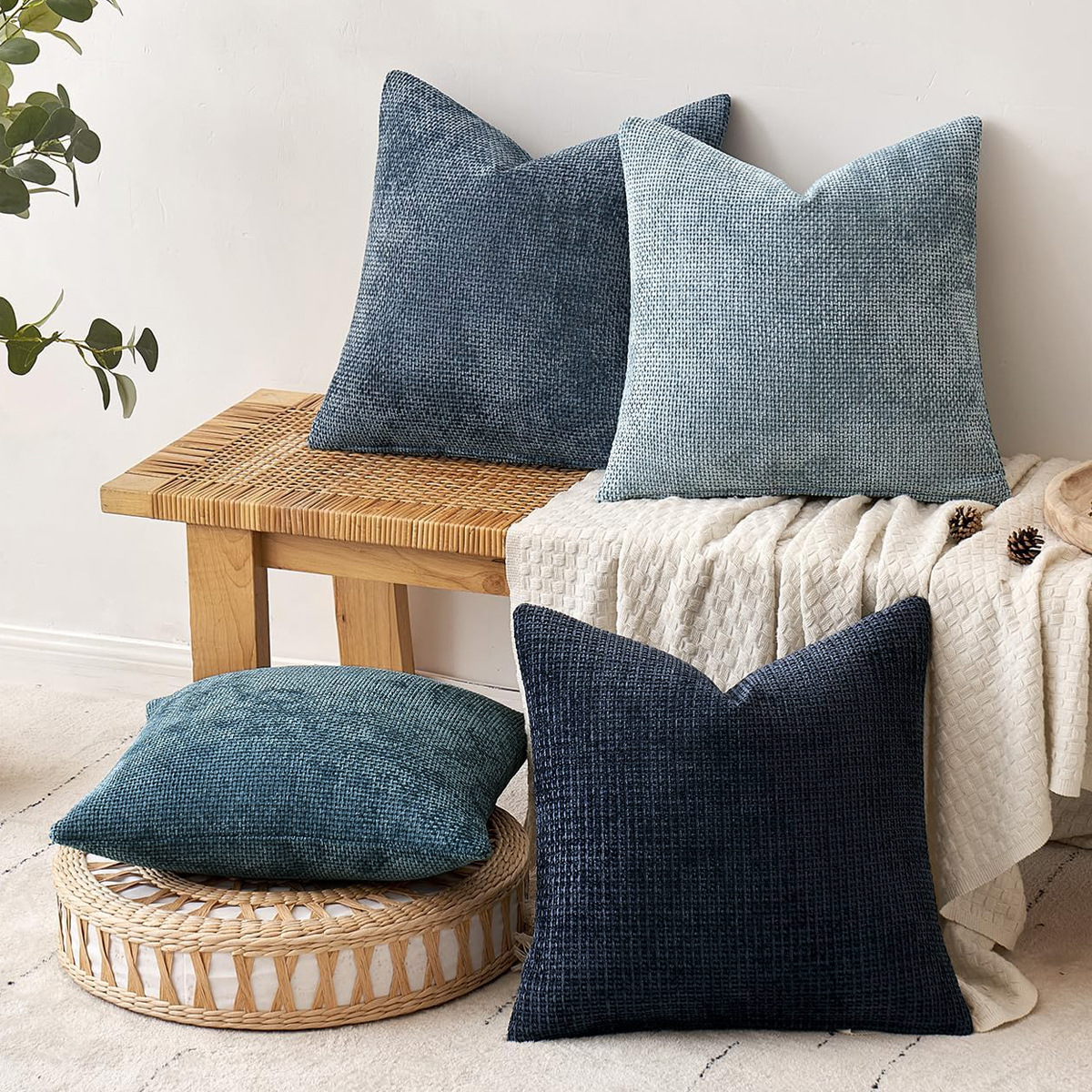 Beige Plush Chenille Cushion Covers Set of 2 - Soft Textured Decorative Throw Pillow Cases for Sofa Couch, 45 × 45cm — image 2