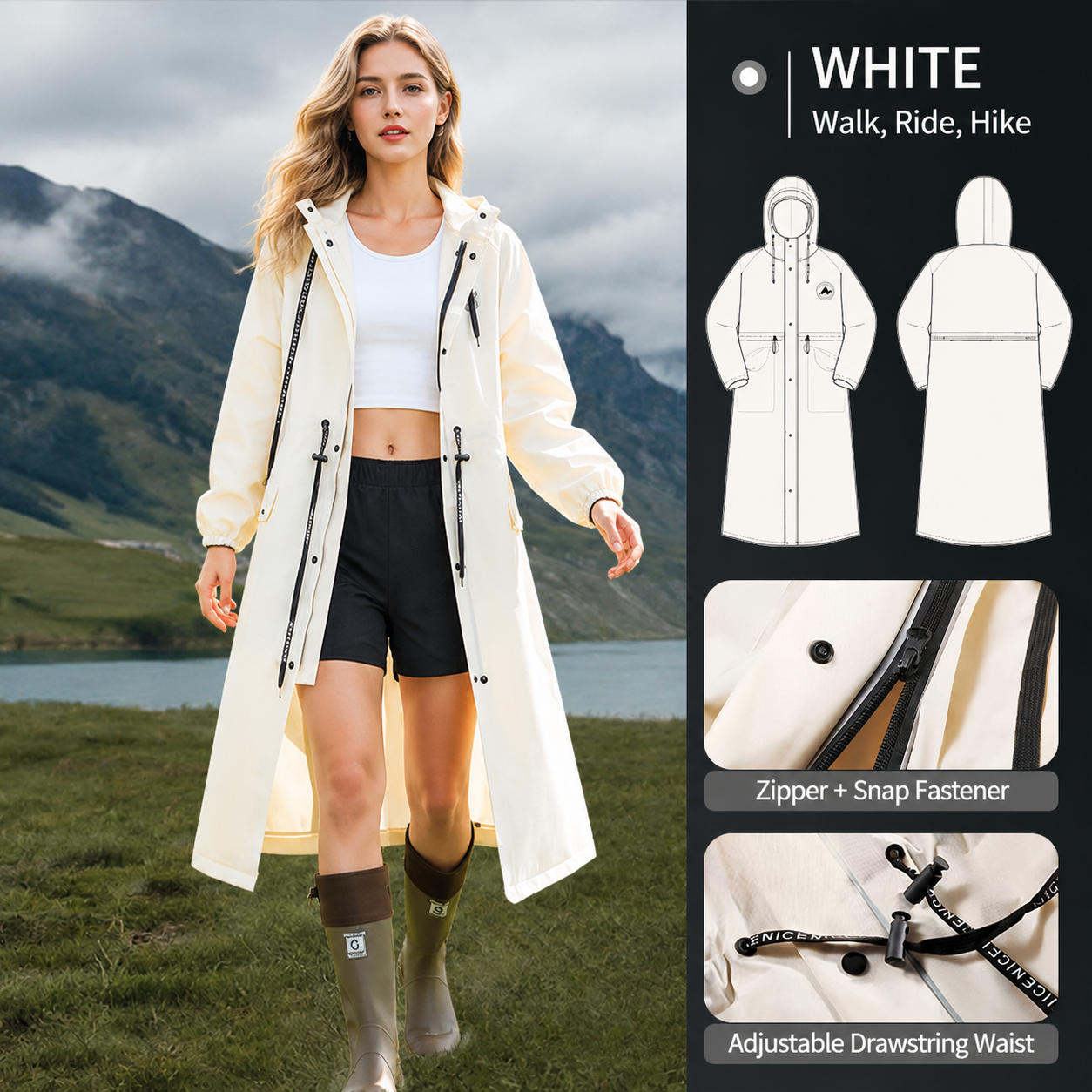 White Full-Cover Hooded EVA Raincoat, Long Trench Coat Waterproof Rain Poncho with Adjustable Waist & Collar Drawstring, Zipper & Snap Windproof Closure