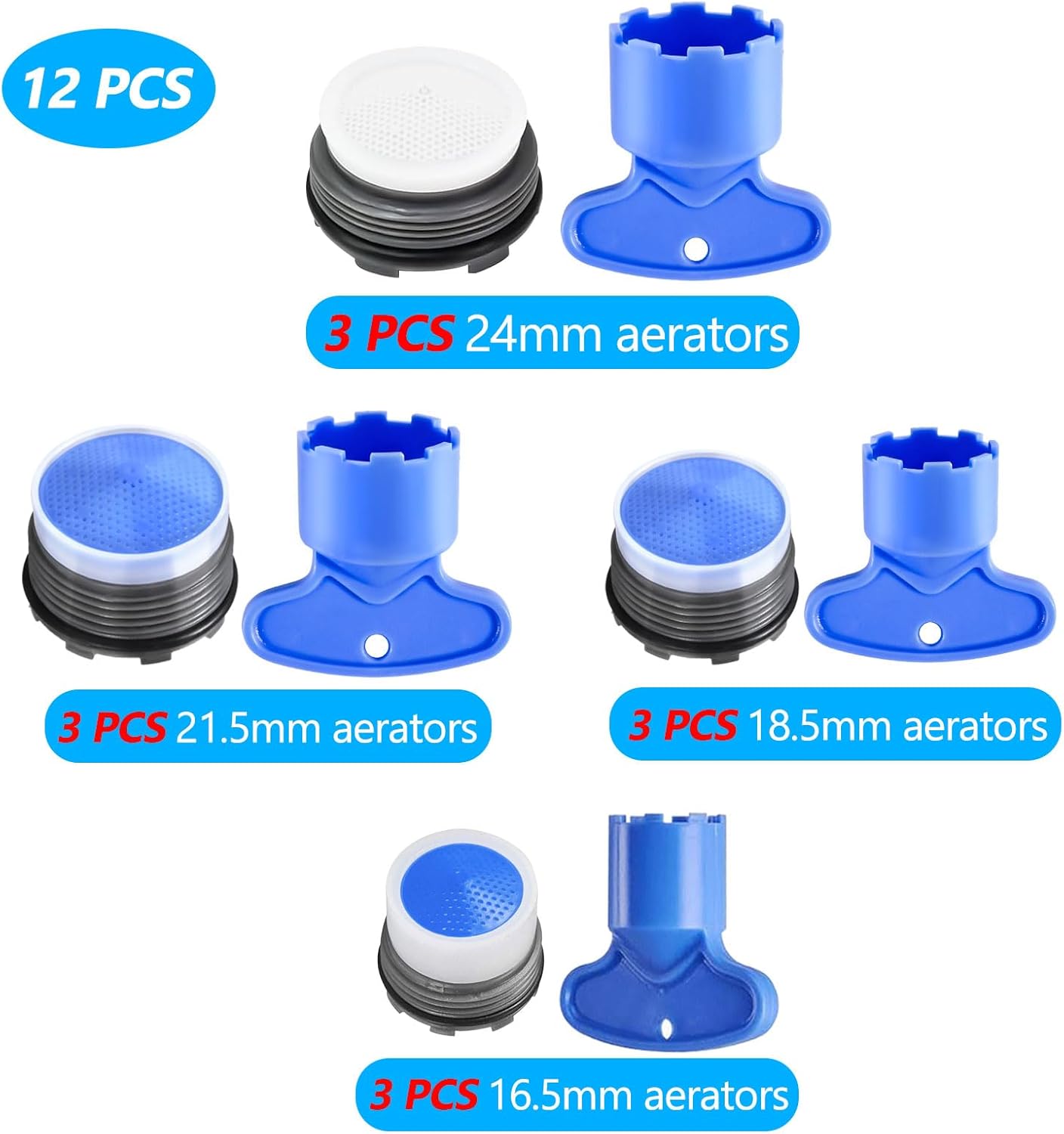 12 PCS Faucet Aerator Set, M16.5, M18.5, M21.5, M24, Kitchen & Bathroom Sink Aerator Replacement with Key Removal Wrench Tool — image 4