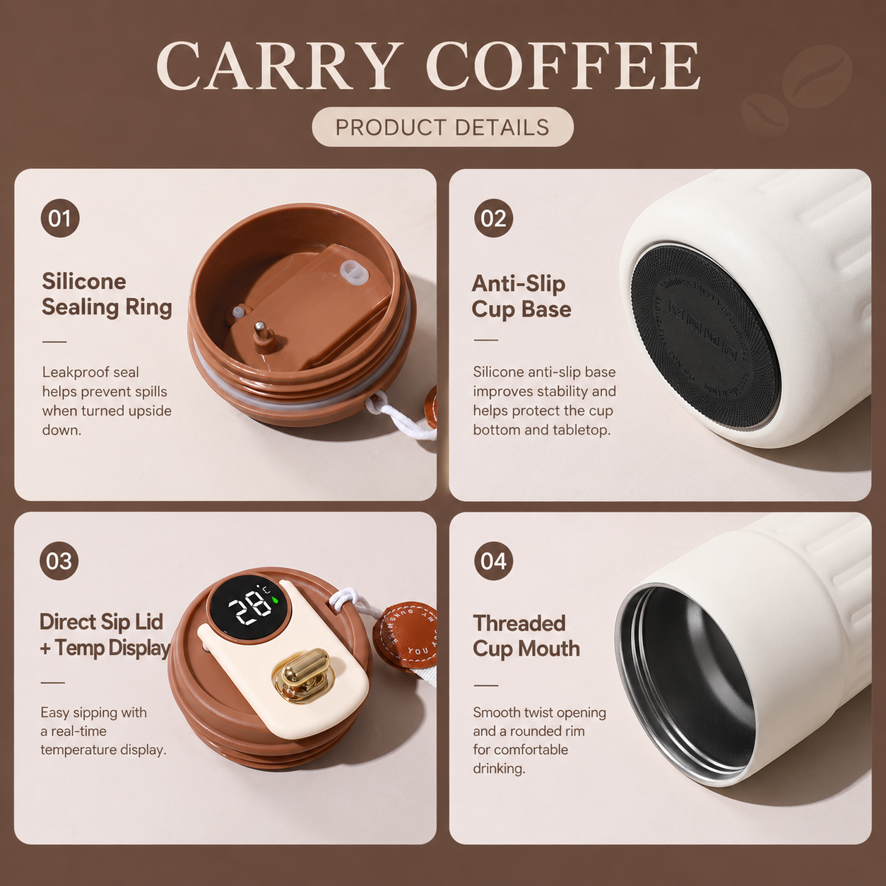 Smart Coffee Tumbler(White lid) 450ml Vacuum Insulated Travel Mugwith Temperature Display Leakproof Coffee Cup Portable Thermal Water Bottle for — image 6