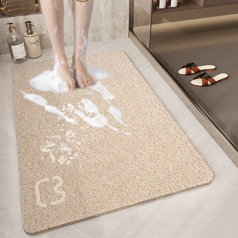Beige Cat Head Design Loofah Texture Shower Mat (44 × 75cm) - Non-Slip PVC Bathroom Floor Mat with Drainage, Quick-Dry, Anti-Mould