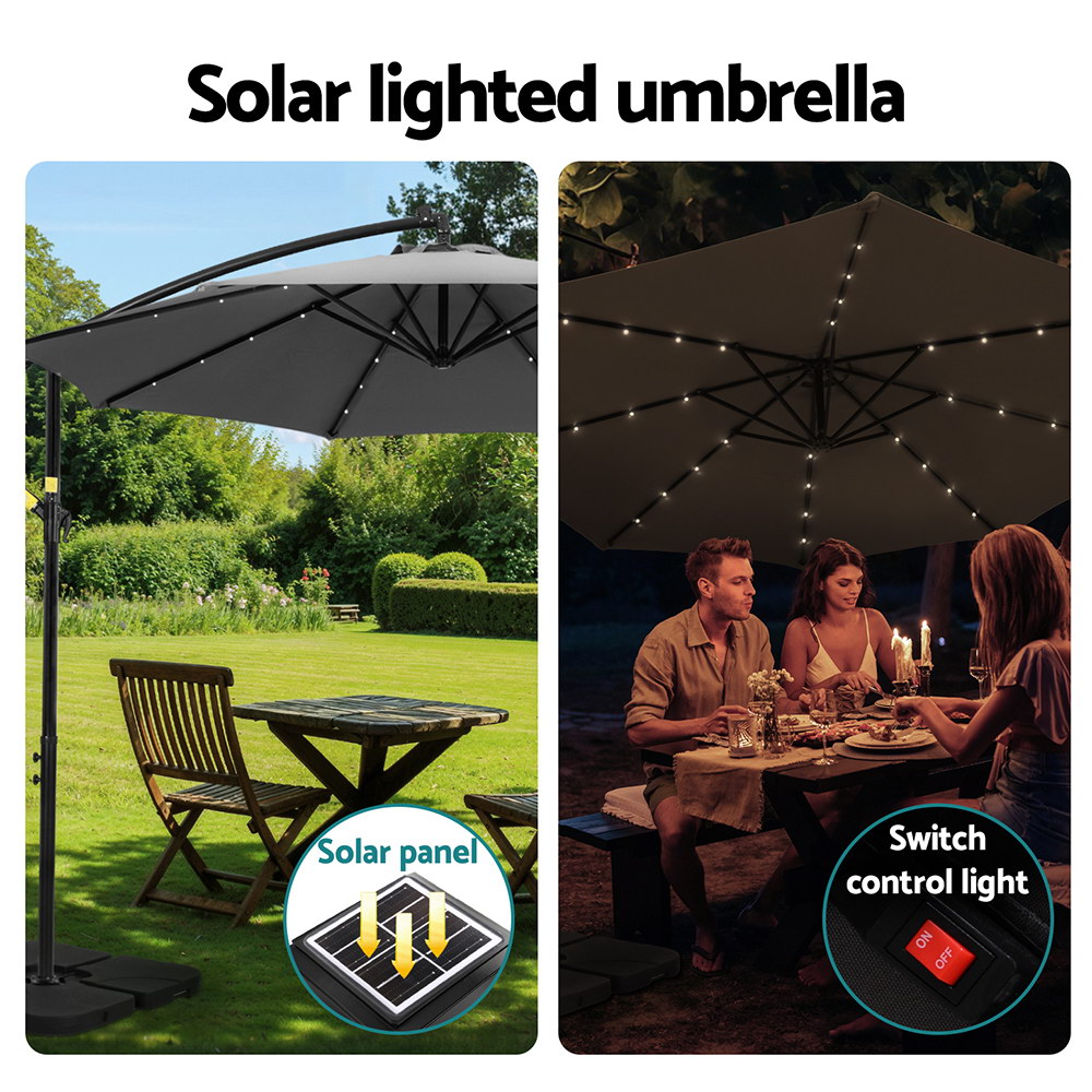 Instahut Outdoor Umbrella 3M Cantilever Beach LED Base Garden Sun Patio Charcoal — image 4