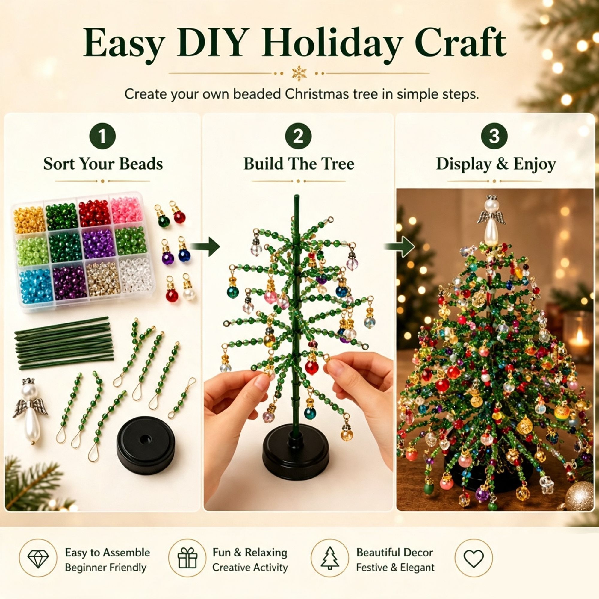 DIY Beaded Christmas Tree Kit with LED Light Strings, Christmas Halloween Tabletop Decor, Therapeutic DIY Handcraft, Create Warm Festive Atmosphere — image 3