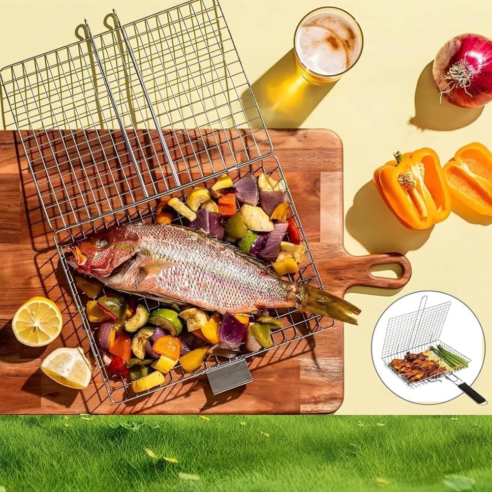 Foldable Grill Basket Stainless Steel for Fish Vegetables and Meat, Compatible with Camping and Outdoors, 46.5 × 32 cm — image 2