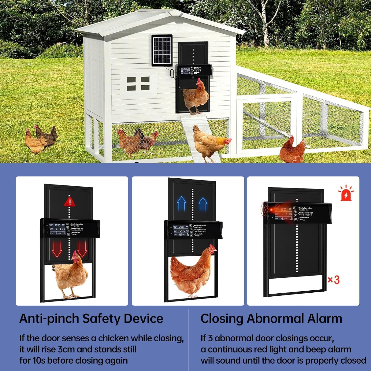 CARLA HOME Automatic Chicken Coop Door Solar Powered with 4 Mode Timer & Light Sensor, Anti-Pinch & USB Charging Port — image 5