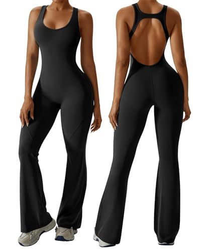 Women's Backless Flared Jumpsuit for Yoga, Gym, Parties & Daily Wear, S (Black)