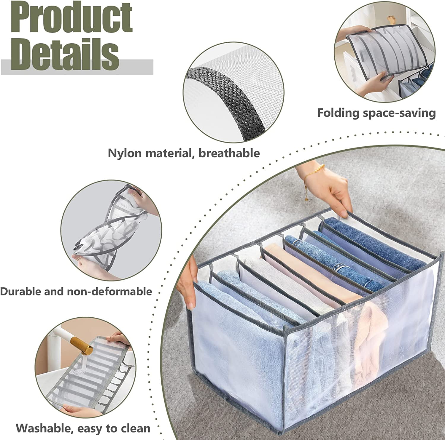 Wardrobe Clothes Organizer for Jeans, Upgraded Drawer Organizers for Clothing with Handle Foldable, Drawer Organizers Clothes(Gray,1PCS-M) 1PCS-7 Cell(L) β image 3