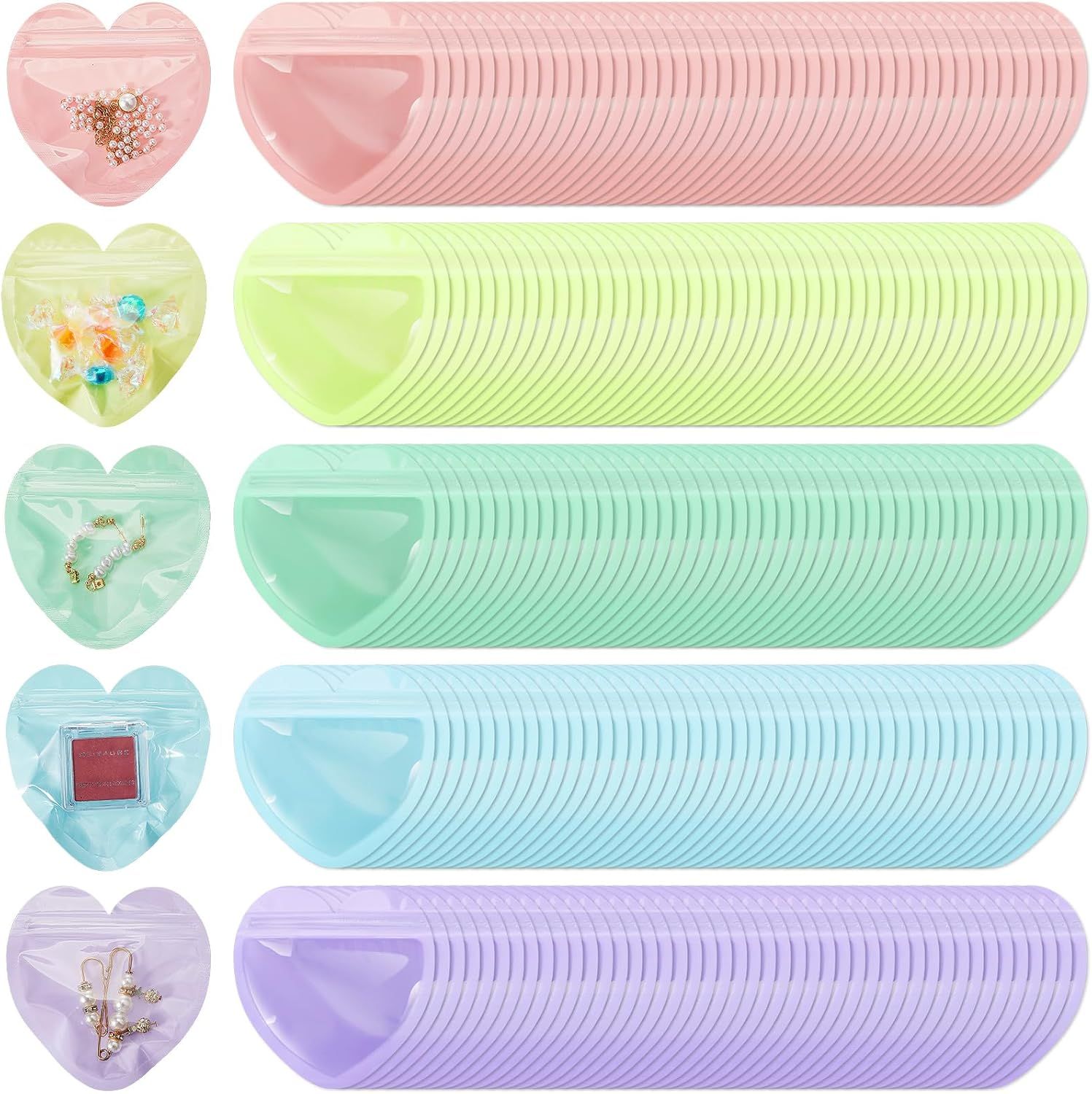 300 Pcs Heart Shaped Jewelry Bags 3.9 x 3.9 Inch Jewelry Packaging for Small Business Zip with Top Lock Baggies Cute Packaging Supplies for Necklace Earring