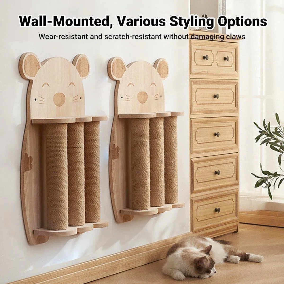 2Style Wood Wall-Mounted Natural Sisal Rope Cat Scratching Claw Grinding Pet Toy - Mouse-Solid Wood โ image 5