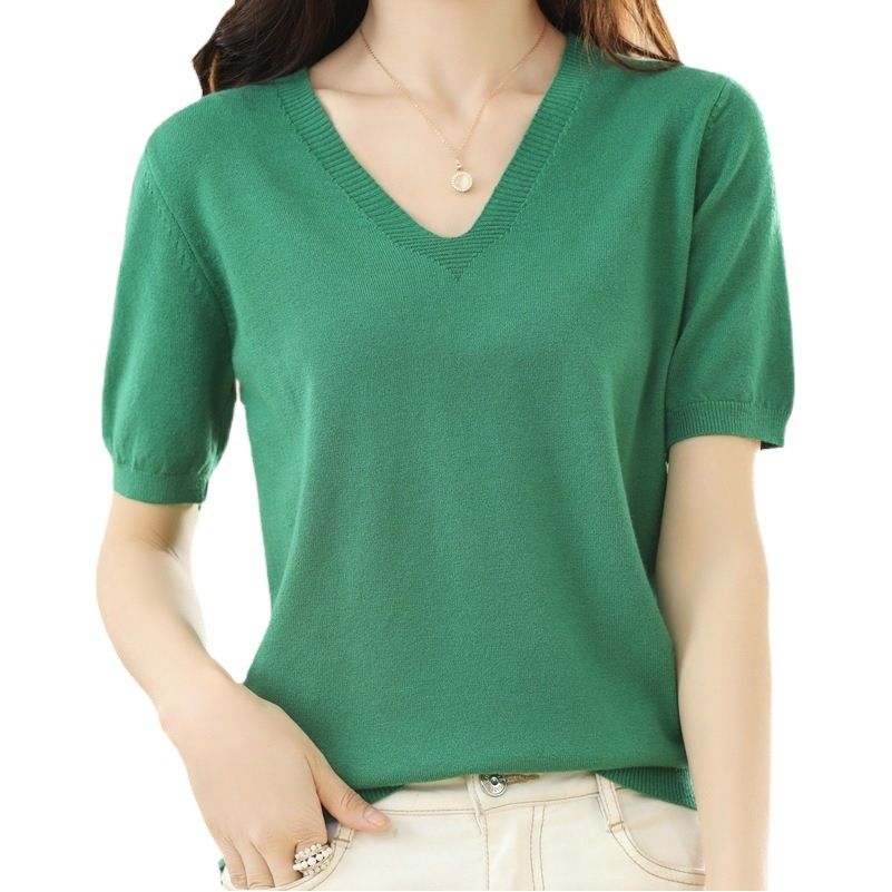 Women V Neck Knit Sweater Half Sleeve Pullover Beige XL Size: XL; Height (cm): 170-175; Weight (kg): 60-65; Bust (cm): 94-98; Waist (cm): 78-82; Shoulder width โ image 2