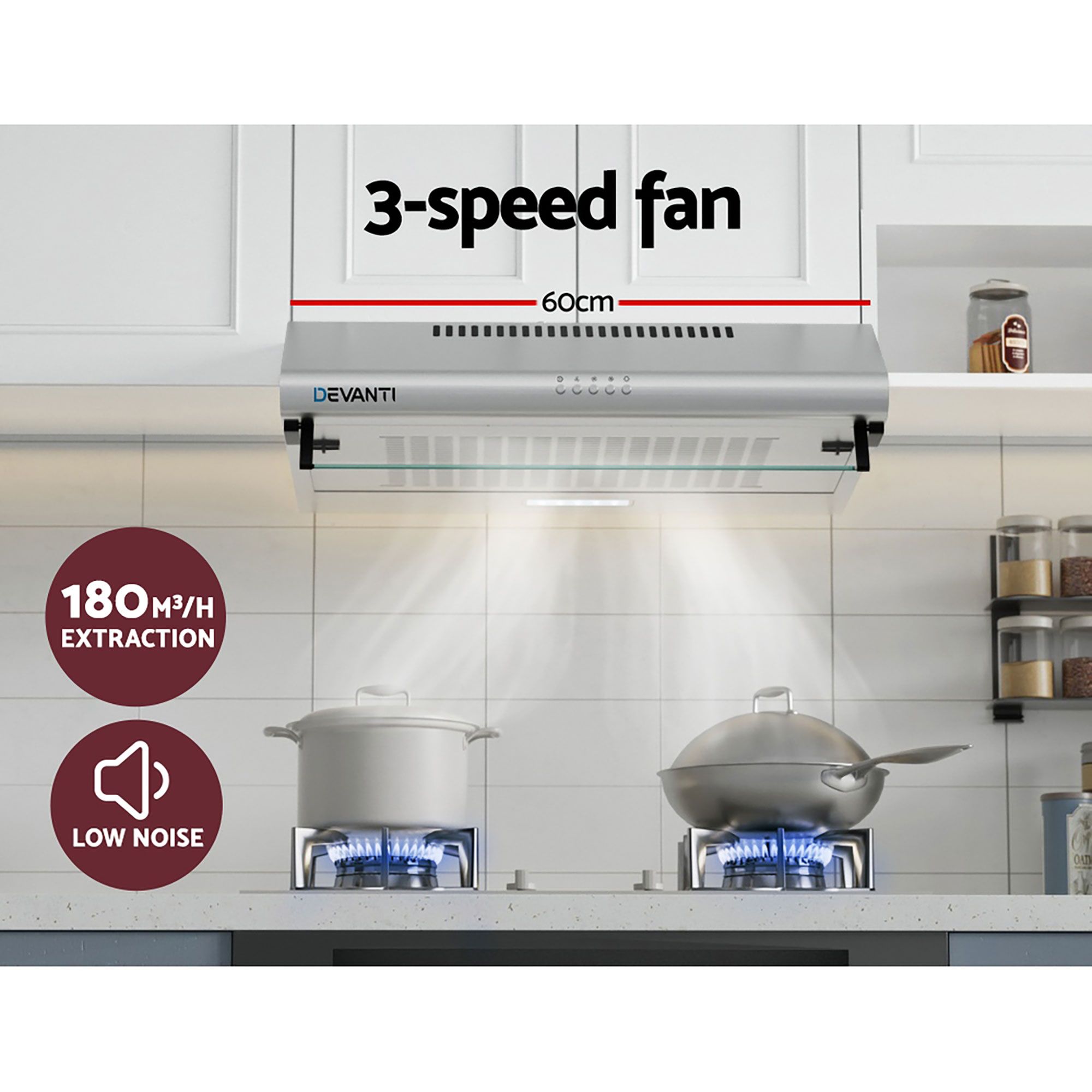 Devanti 600mm Range Hood 60cm Rangehood Kitchen Canopy LED Light Stainless Steel โ image 4