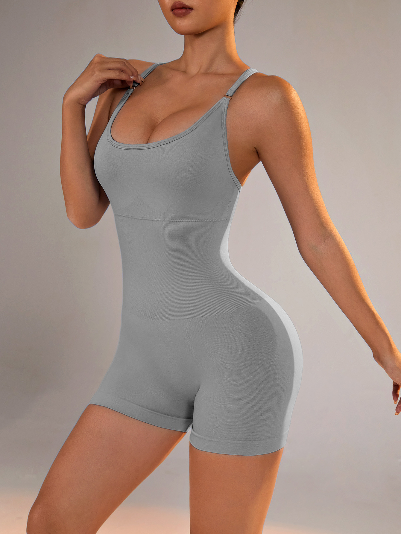 Size S Light Grey Nylon Seamless Yoga Bodysuit - Women's Athletic Romper, Crisscross Back, Workout Jumpsuit โ image 4