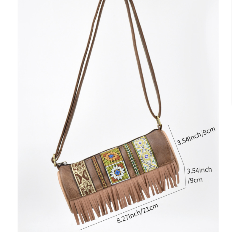 Boho Ethnic PU Leather Cylindrical Crossbody Bag with Embroidery and Fringe - 21cm Vintage Retro Drum Bag for Daily Use โ image 2