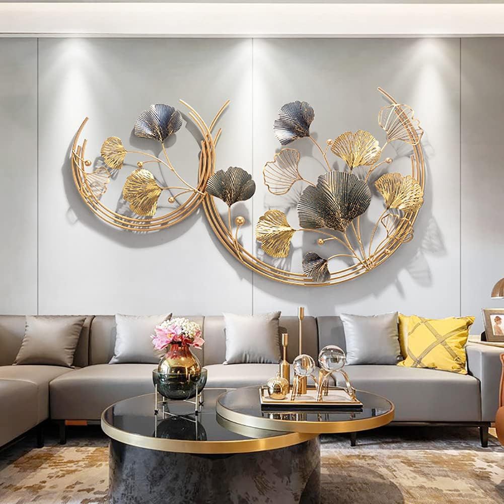 3D Handmade Metal Wall Art Decor,Golden Ginkgo Leaves Metal Wall Decor with Frame, Gold Metal Art Wall Sculpture for Study Living Room Bedroom Artwork Hotel