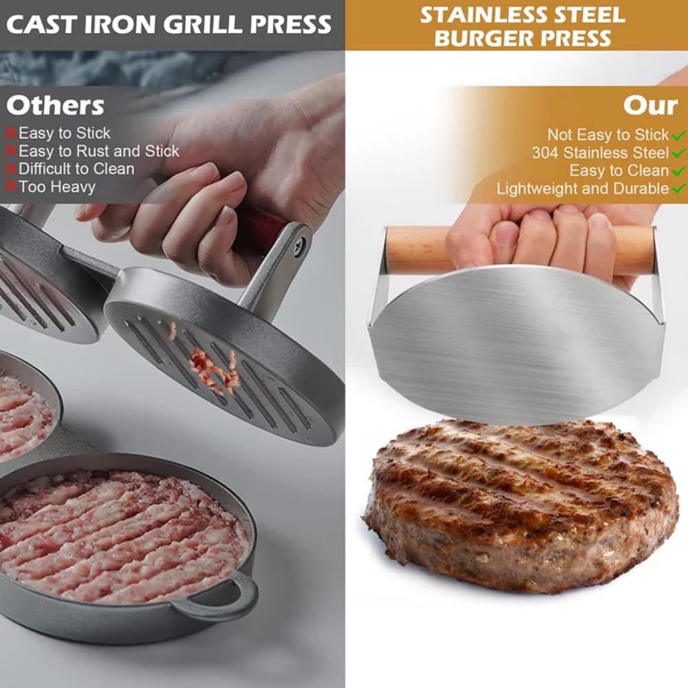Stainless Steel Burger Press 5.5 Inch Round Burger Smasher, Hamburger Press Patty Maker with Wood Handle, Easy to Clean — image 4