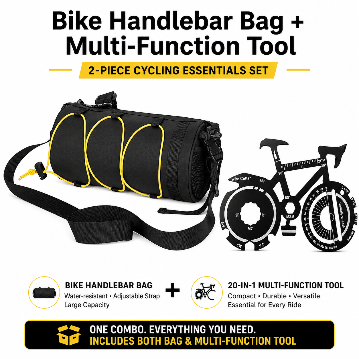 Black Handlebar Bag with Yellow Elastic Cord and 20-in-1 Bicycle Multi Tool Card Combo Set for Cycling, Commuting and Outdoor Riding โ image 2