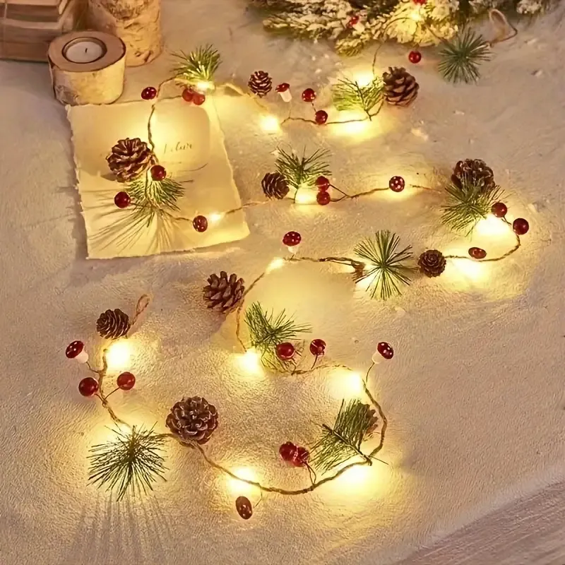 Christmas Forest-Style Decorative String Light | 200cm, 20 Warm White LEDs, Adorned with Pine Needles, Pinecones & Red Berries, Battery-Powered (Batteries Not — image 2