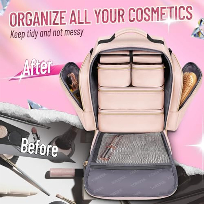 Pink 4-in-1 Travel Cosmetic Organizer Bag with Detachable Polyester Storage Boxes and Jewelry Roll, Multiple Compartments, Portable Makeup Bag โ image 5