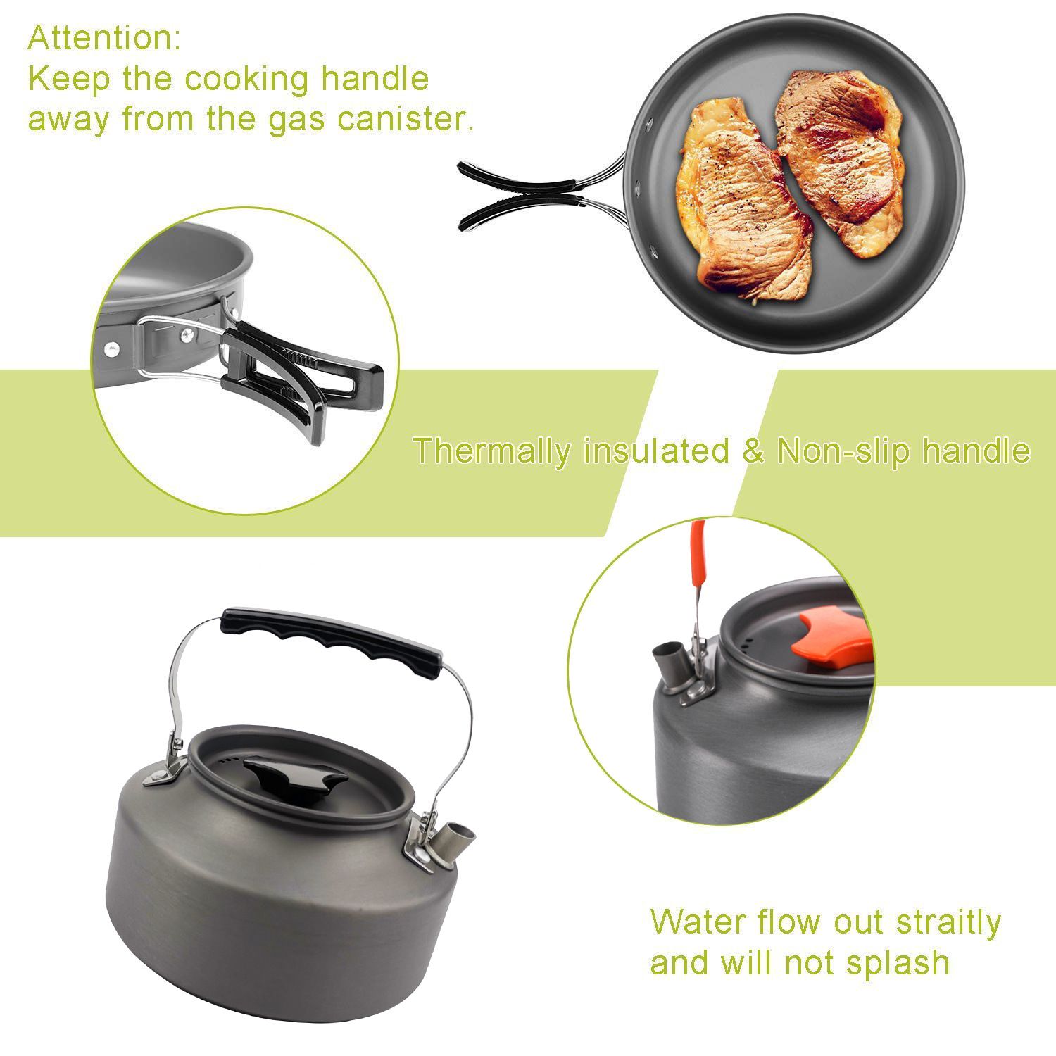 Green Camping Cookware Set for 2–3 People – Portable Outdoor Cooking Pot, Frying Pan & 1.1L Kettle Kit with Stainless Steel Plates, Cups & Cutlery, Lightweight — image 5