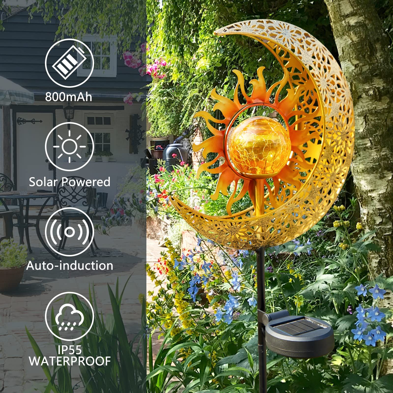 Garden Solar Lights Outdoor Decorative, Sun & Moon Crackle Glass Globe Metal Stake Light, Waterproof Warm White LED Light,(1 Pack) — image 3