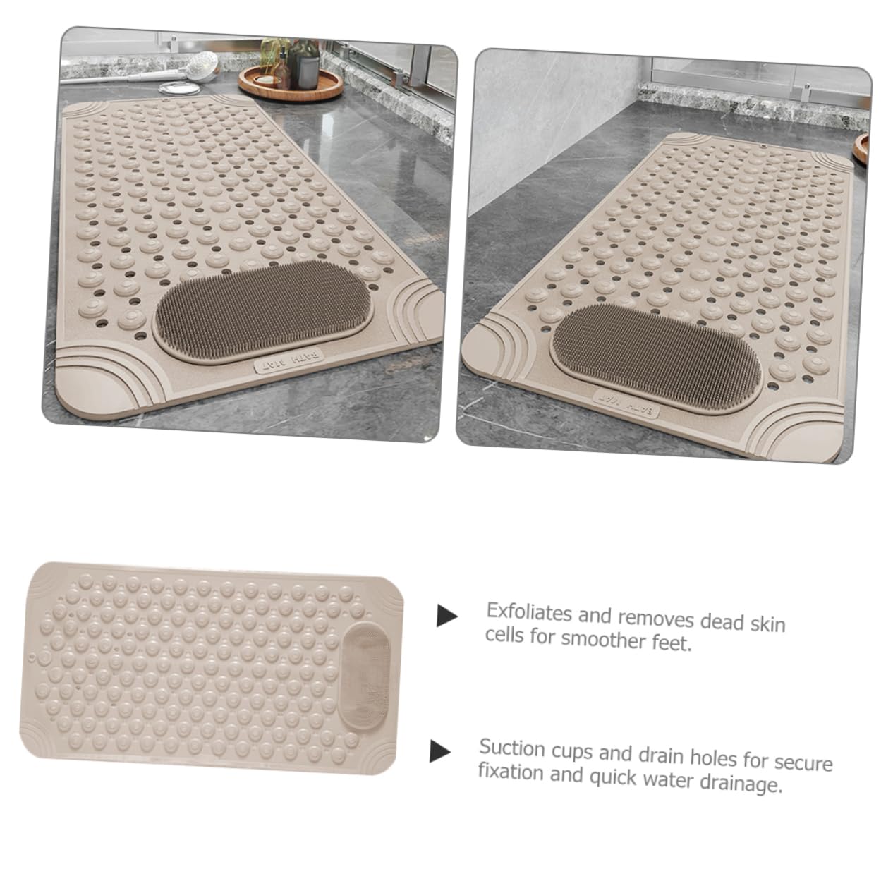 Non-Slip Bath Mat with Foot Scrubber – 90 × 60 cm, Anti-Skid Suction Cups & Drain Holes, Waterproof Shower Floor Pad with Exfoliating Brush(Grey) — image 3