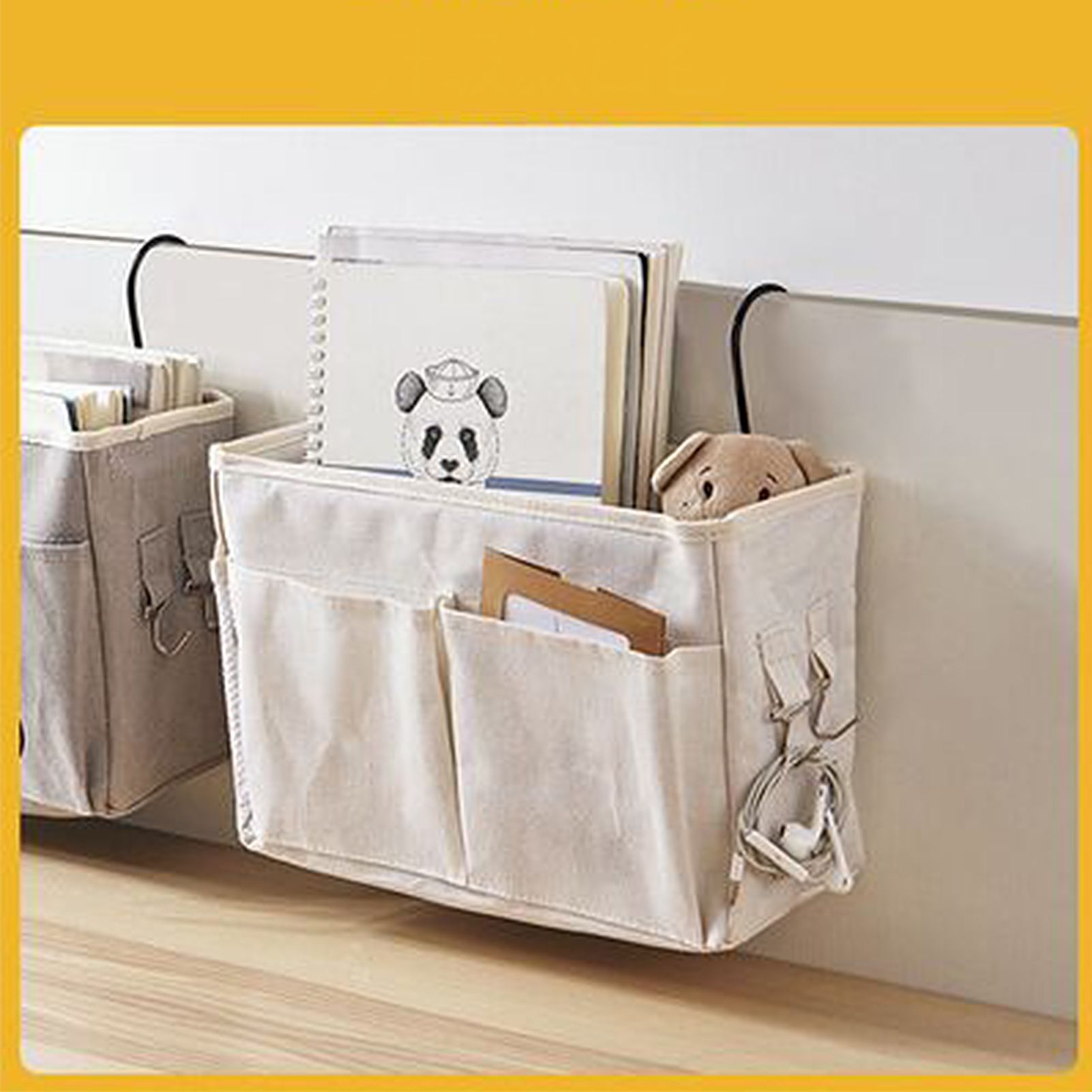Nightstand Hanging Bag Cotton Linen Bedside Storage Pocket Organizer Basket for Bunk Bed Dorm Rooms White — image 6