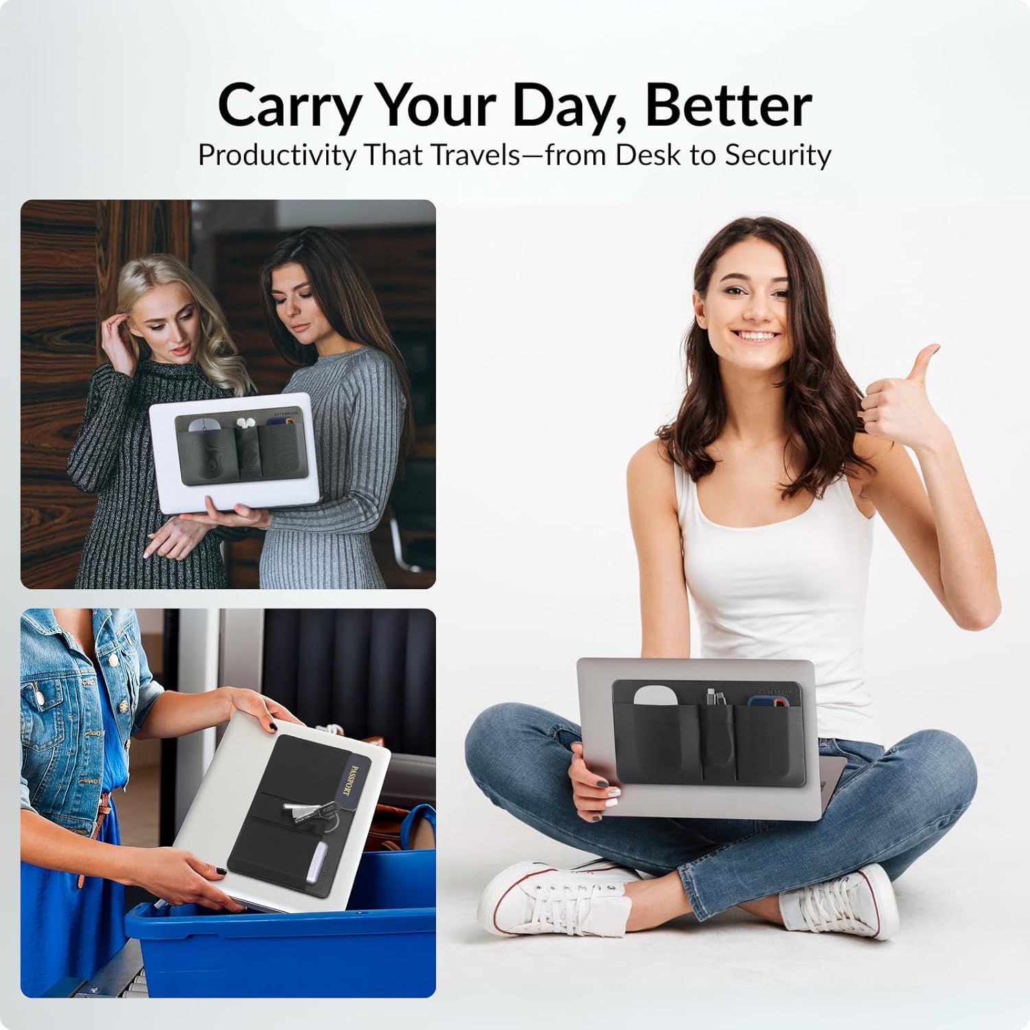 3-Pocket Storage Pouch, Adhesive Laptop Accessory Organizer, for Portable HDD, SSD, USB Drive, Mouse, Cables - Black โ image 5