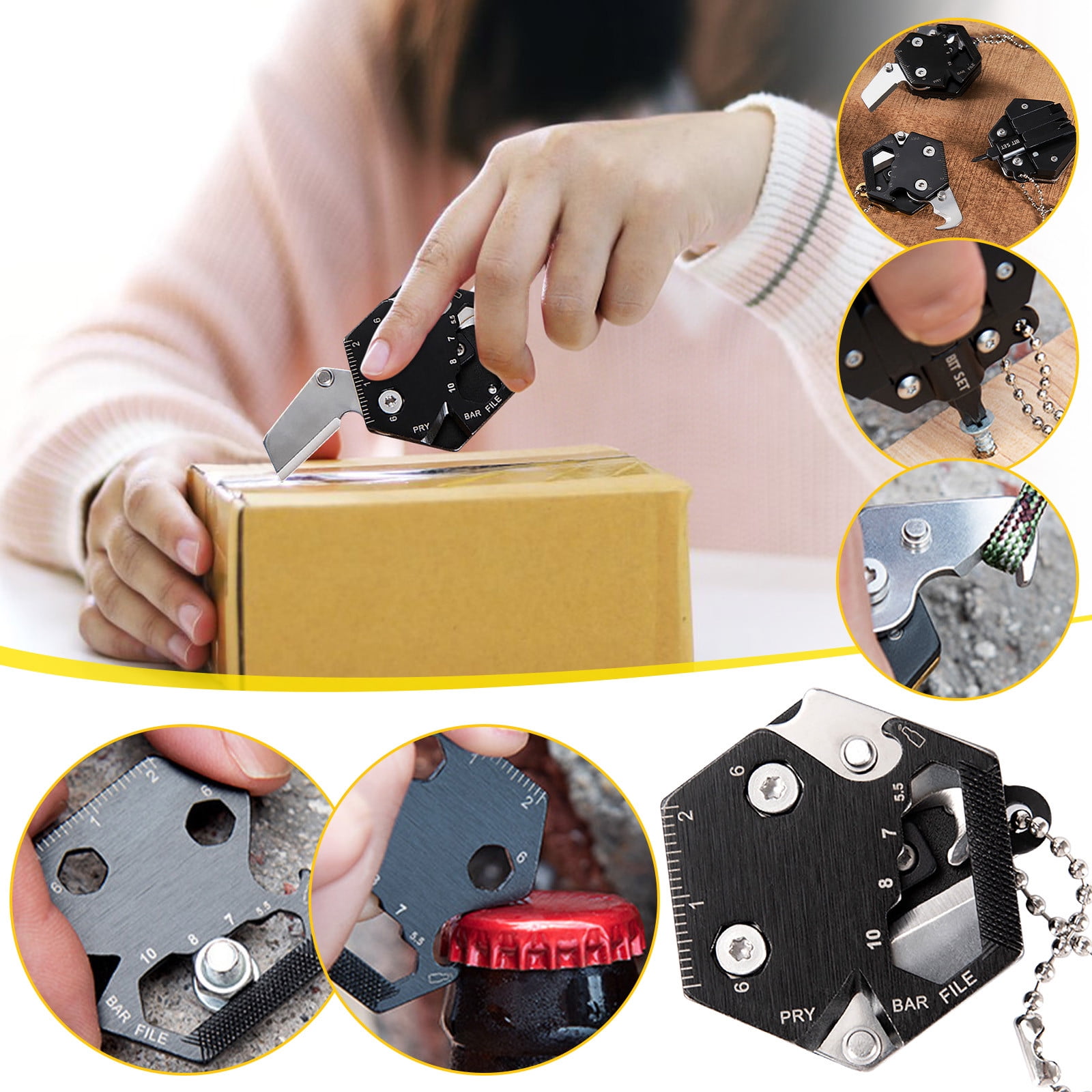 Hexagonal Multitool Keychain,Portable Pocket Tool with Folding Cutter,Screwdriver Set,Bottle Opener for Outdoor Hiking,Camping,Emergency Seat Belt โ image 2