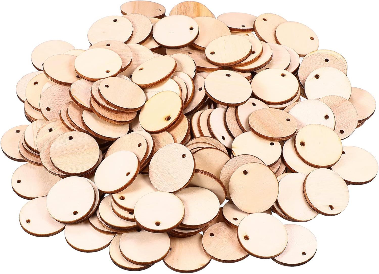 200 Pieces Uninished Blank Wood Circle Pendants Round Disc Circle Wood Pieces Round Wooden Disk with Hole Small Wooden Pendant or Crat Decoration Embellishment