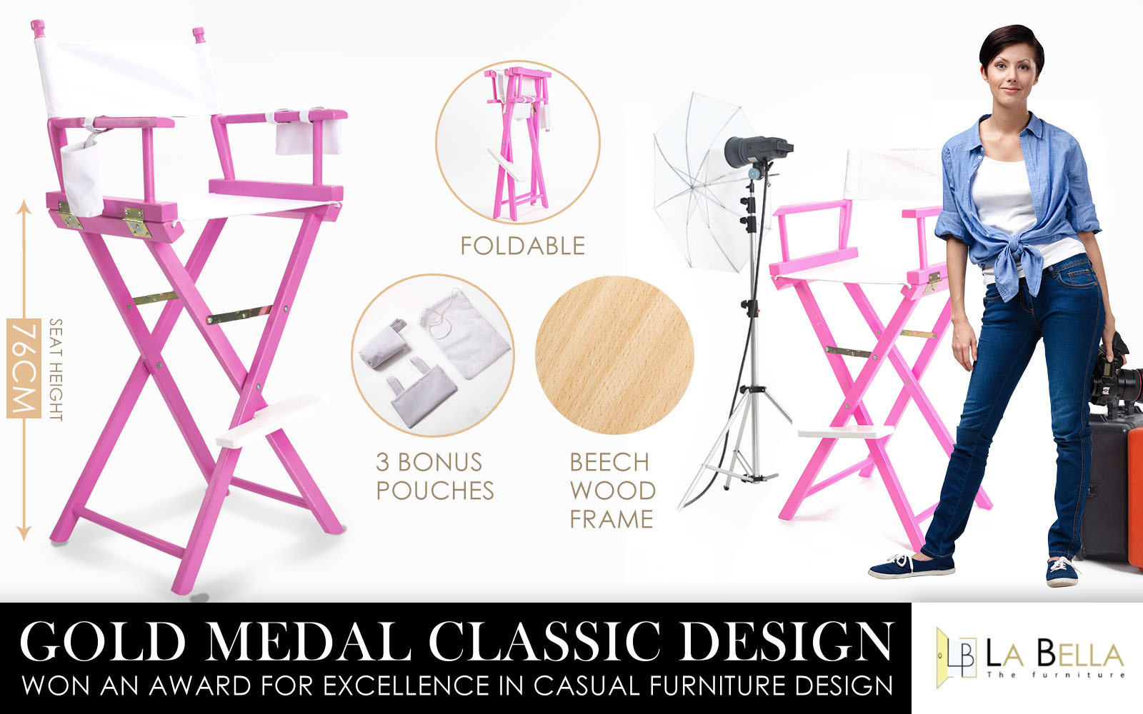 Director Movie Folding Tall Chair 76cm PINK HUMOR โ image 2