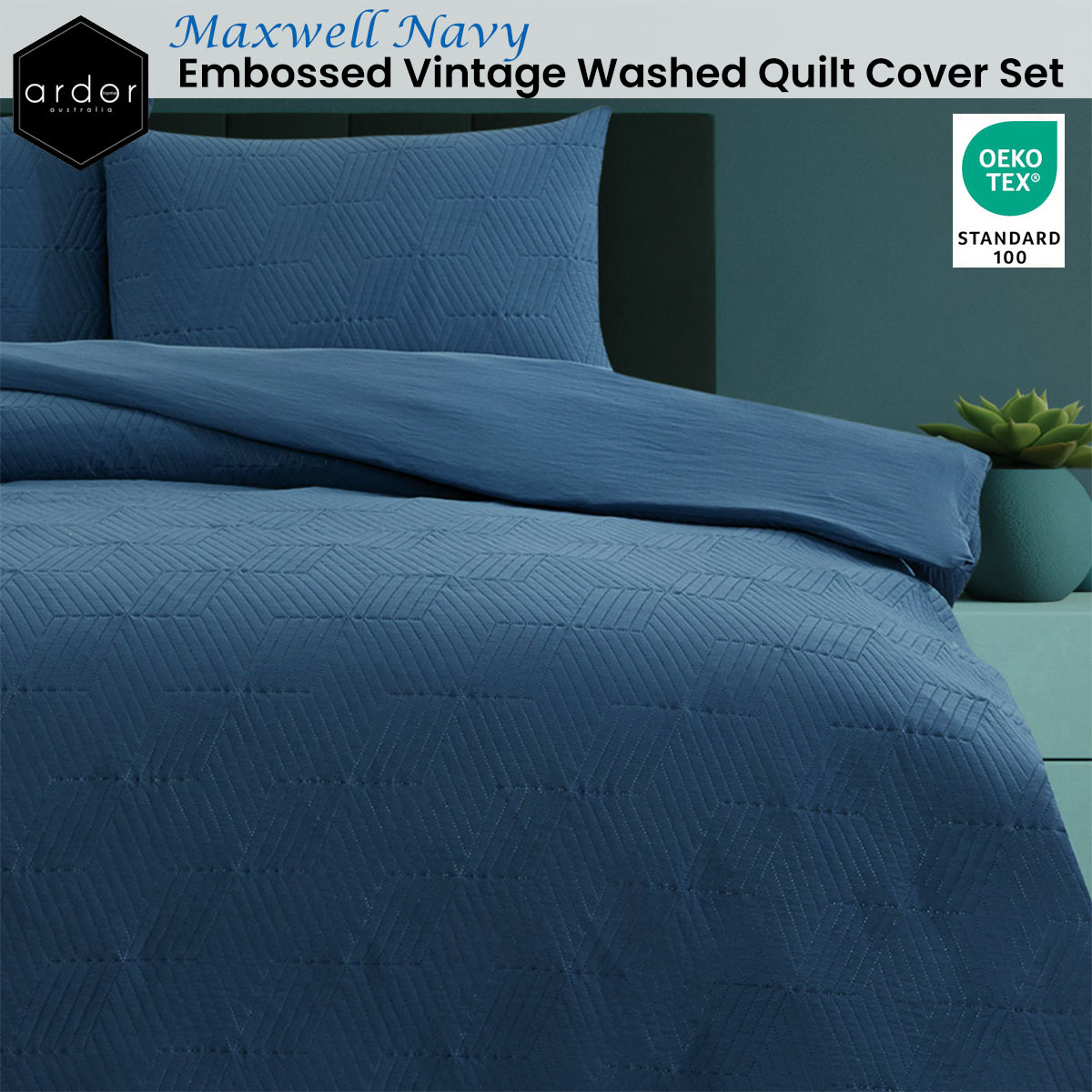 Ardor Maxwell Navy Embossed Vintage Washed Quilt Cover Set King โ image 2