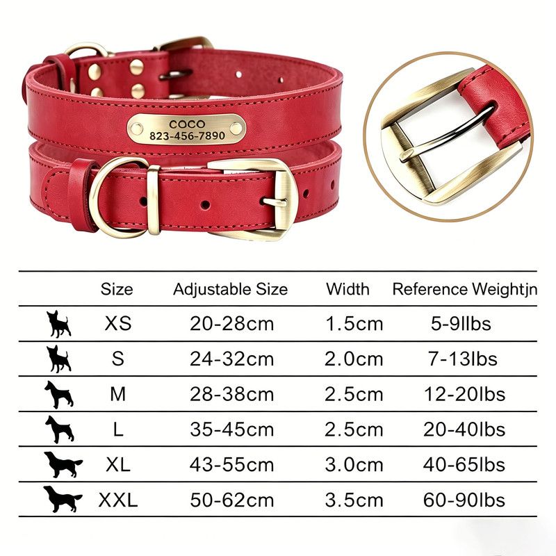 Premium Genuine Leather Dog Collar/Durable Real Leather Adjustable Collars For Male Female(XL,Red) — image 5