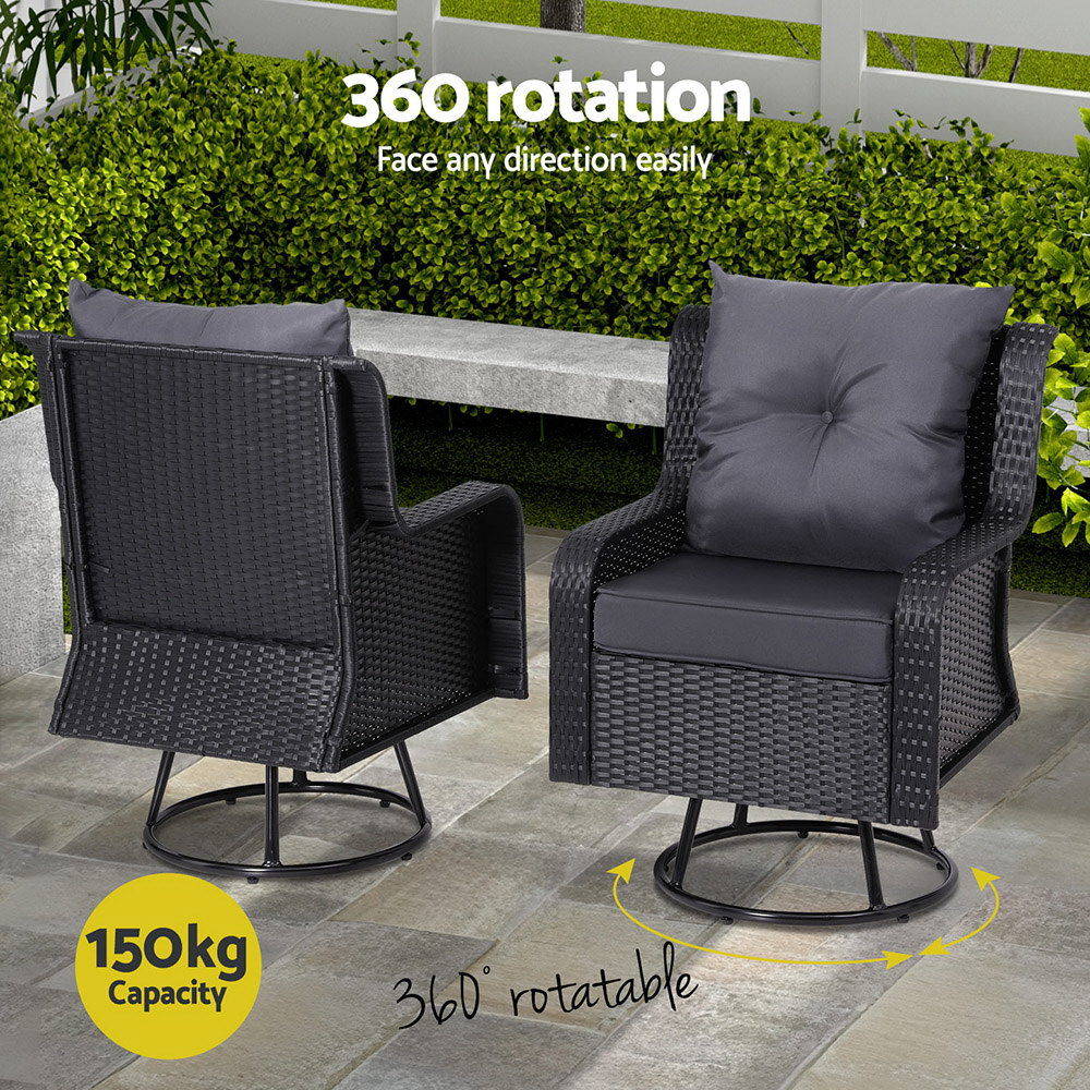 Gardeon 3PC Outdoor Furniture Bistro Set Lounge Wicker Swivel Chairs Table Cushion Black โ image 5