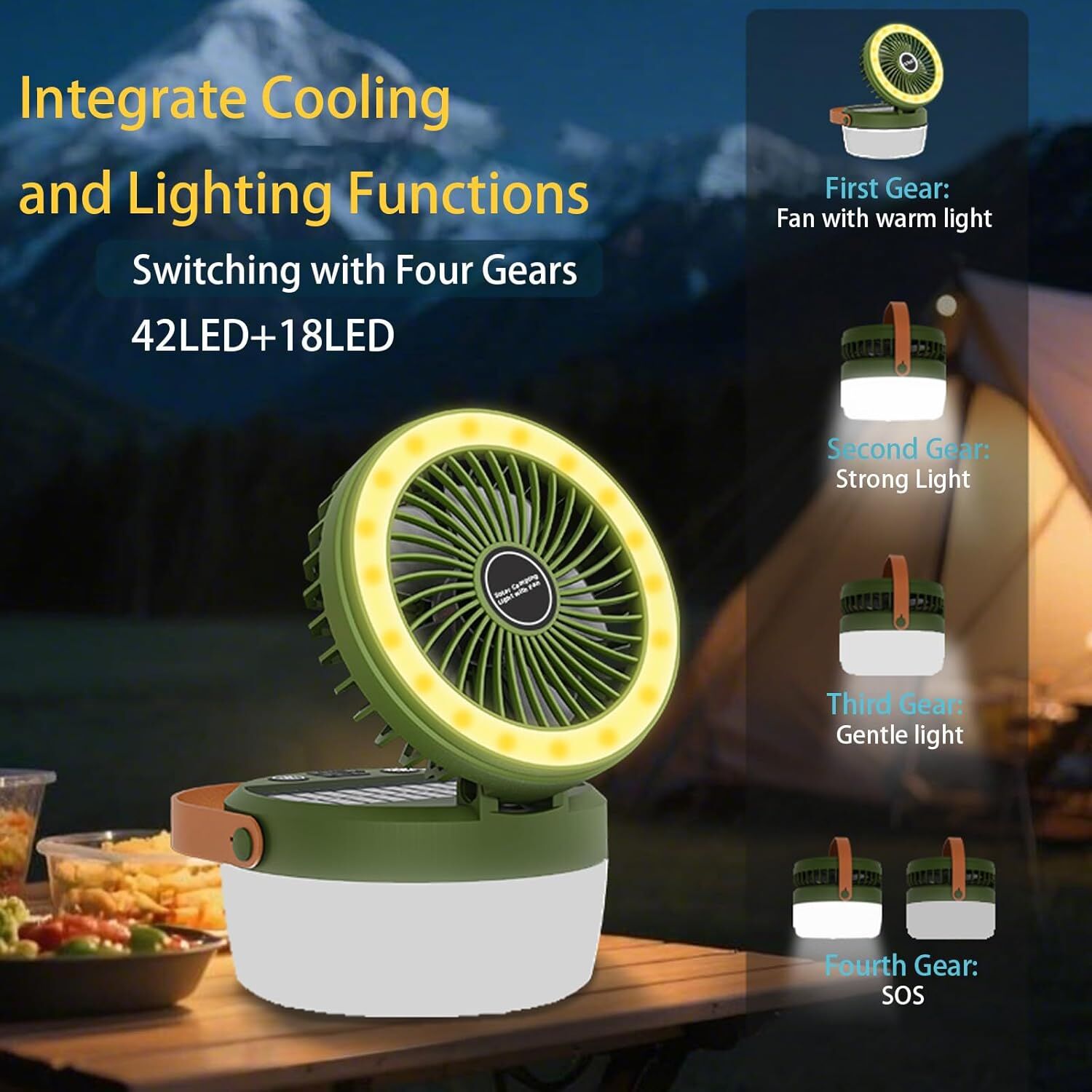 Camping Light with Fan, Portable Hanging Lamp for Tent, IPX4 Waterproof, 4 Mode Light Camping Lantern and 3 -Speed Quiet Fan,USB & Auxiliary Solar Charging，for — image 2
