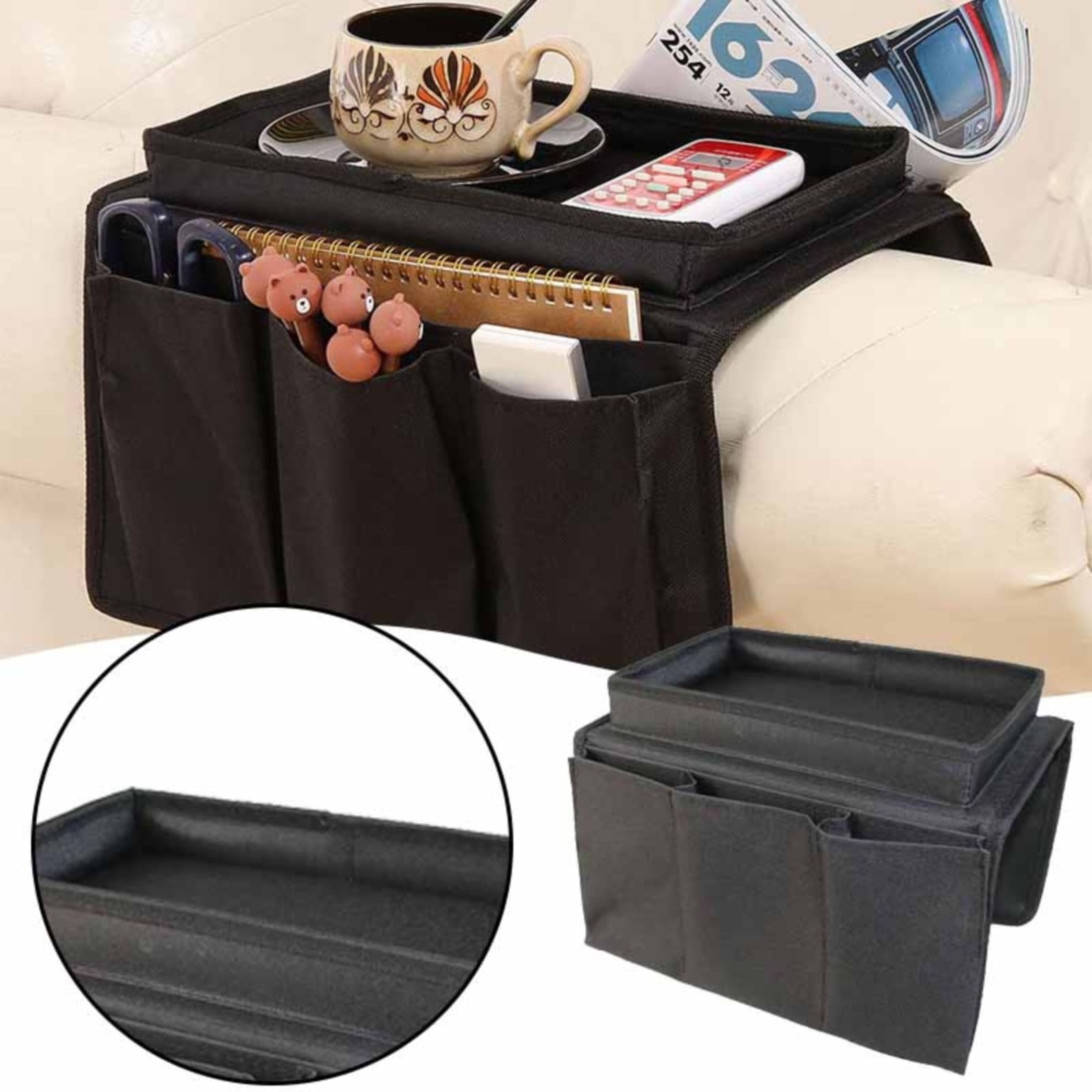 Sofa Armrest Organizer with Cup Holder - TV Remote Holder for Recliner & Couch, Armchair Caddy with Storage Pockets, Holds Cellphone, Black โ image 2