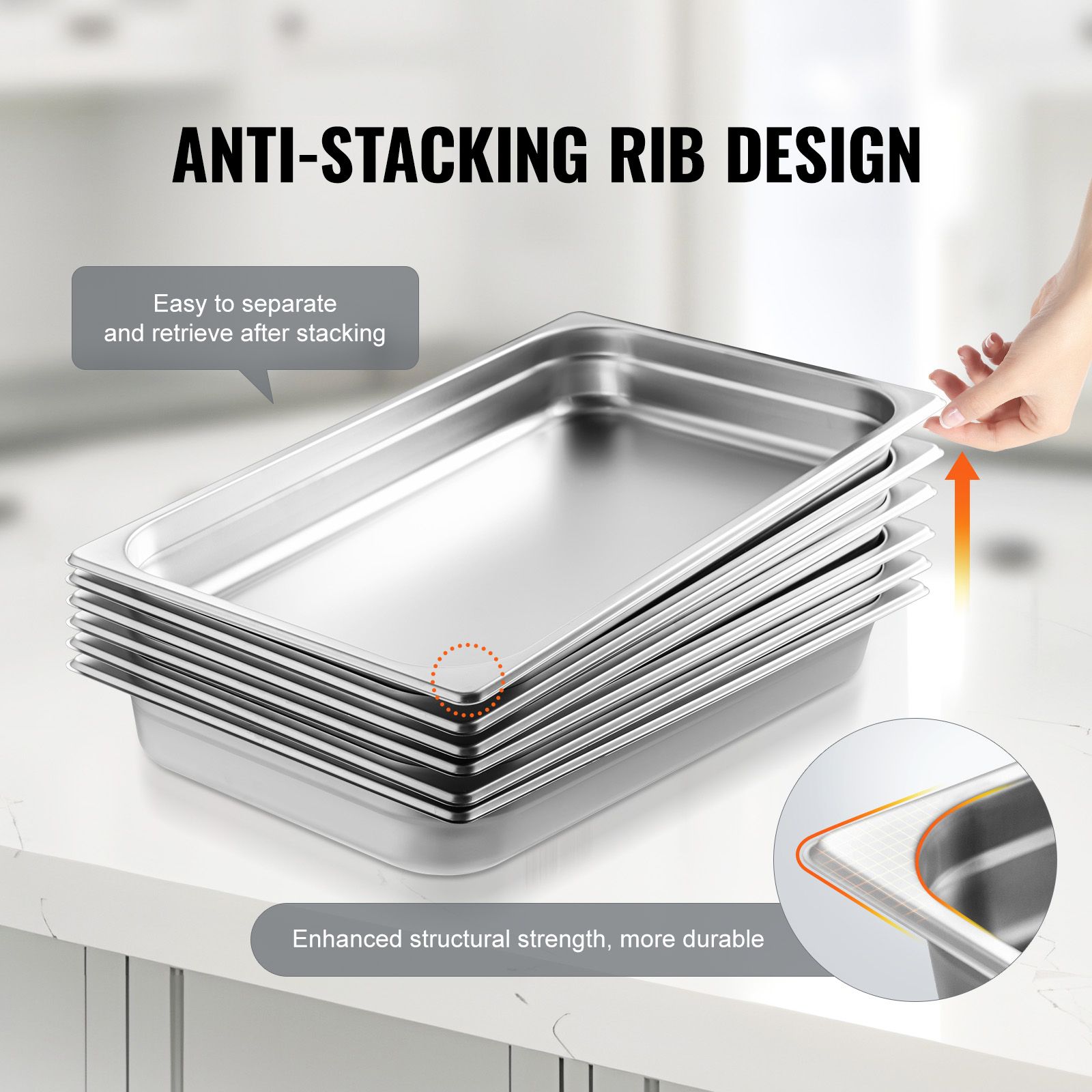 6 Pack Hotel Pans, Full Size Anti-Jam Steam Pan, 0.8mm Thick Stainless Steel Restaurant Steam Table Pan, 2.5-Inch Deep Commercial Table Pan, Catering Storage — image 4