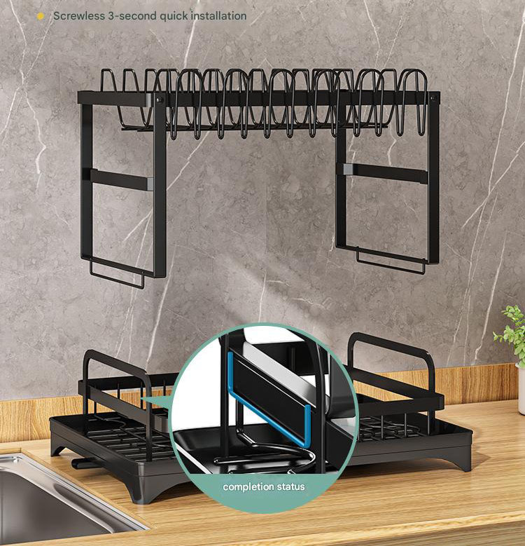 Black Foldable Dish Rack with Drain Tray, Knife & Chopstick Holder, Cup Rack, and Cutting Board Support – 42cm x 29cm x 29cm, Easy-Install Kitchen Storage — image 6