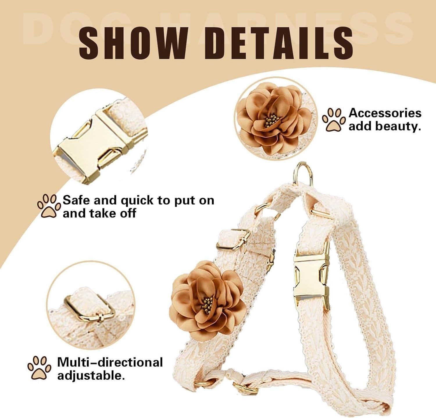 Pet Harness Leash Set Lace Embroidered Escape Resistant Adjustable White L β image 2