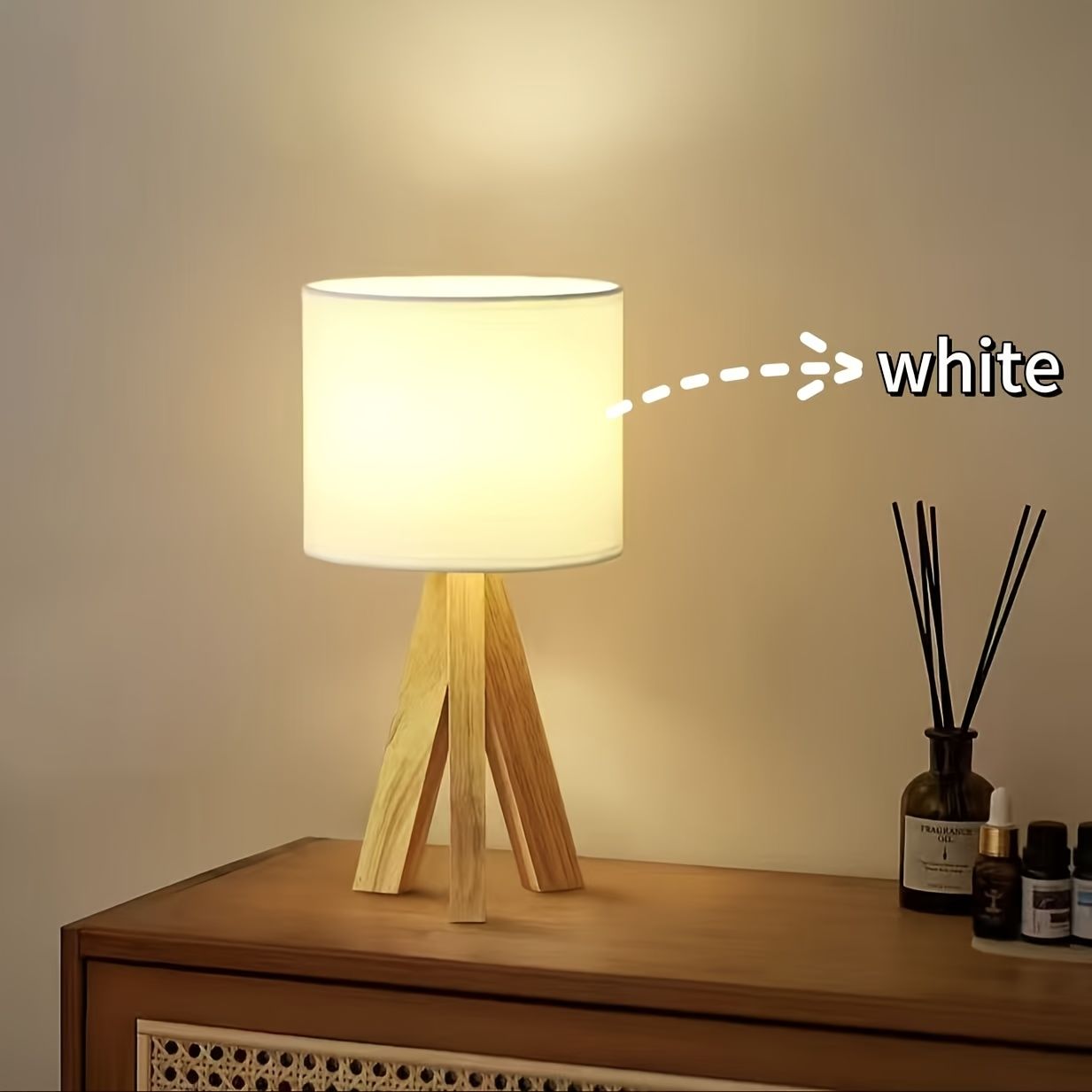 Beige tripod table lamp, bedside lamp, desk lamp, home lighting, wooden lamp, fabric shade lamp, contemporary lamp, Australia โ image 6