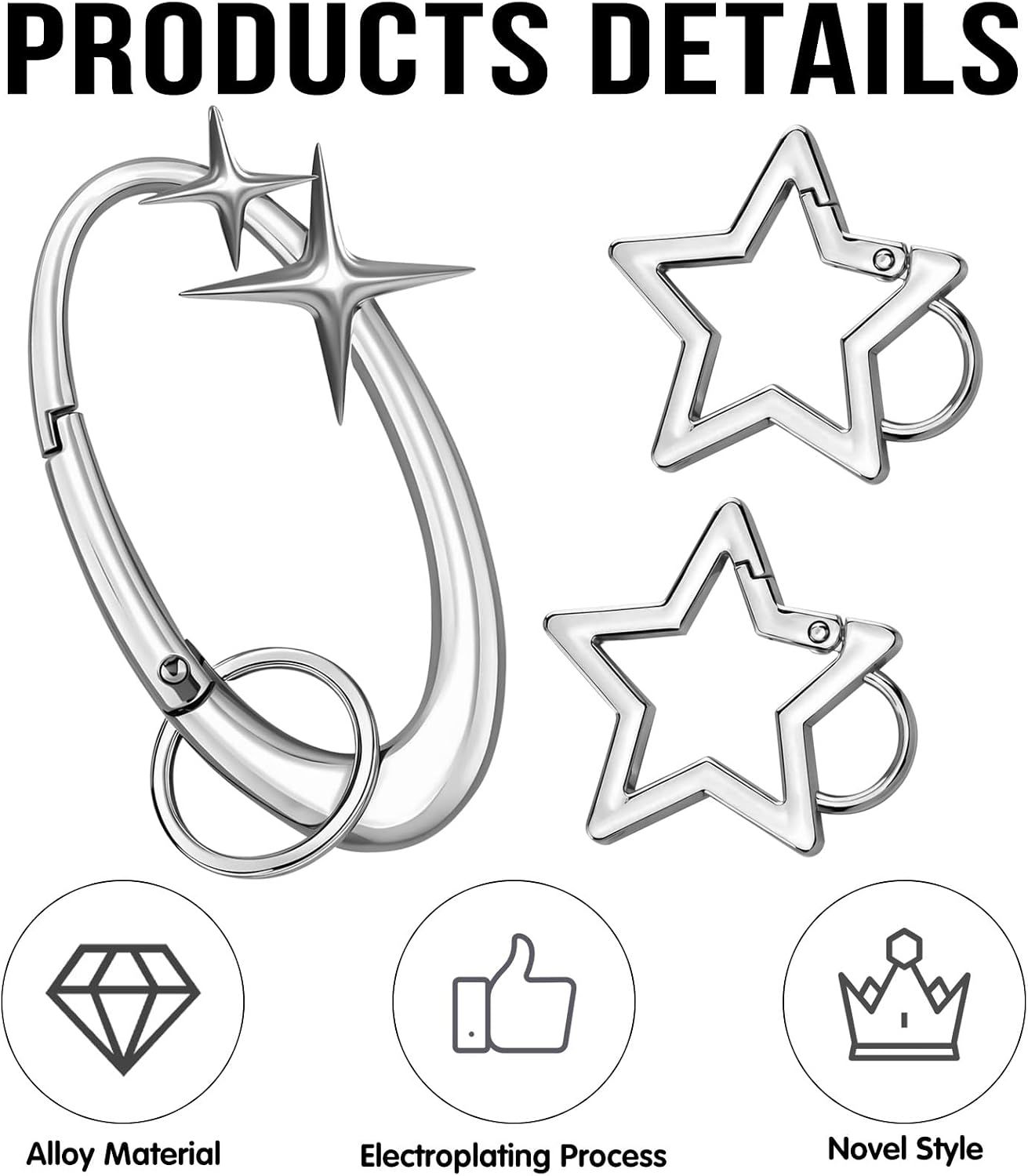 3 Pack Star-Shaped Carabiner Keychains, Shiny Alloy Key Ring Clips for Car Keys, Handbags, Backpacks, Purses and Bag Charms, Silver — image 3